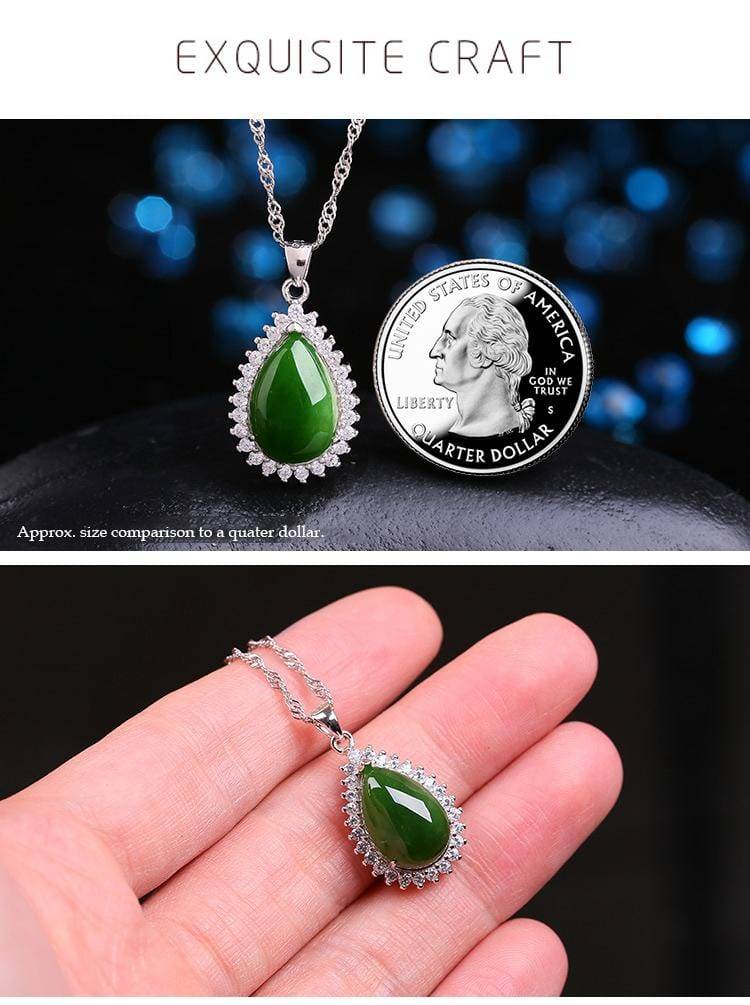 Baikalla Jewelry Jade Pendant Genuine Green Nephrite Jade Pendant Necklace Tear Drop with Zircon Halo