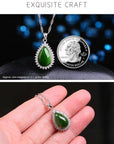 Baikalla Jewelry Jade Pendant Genuine Green Nephrite Jade Pendant Necklace Tear Drop with Zircon Halo