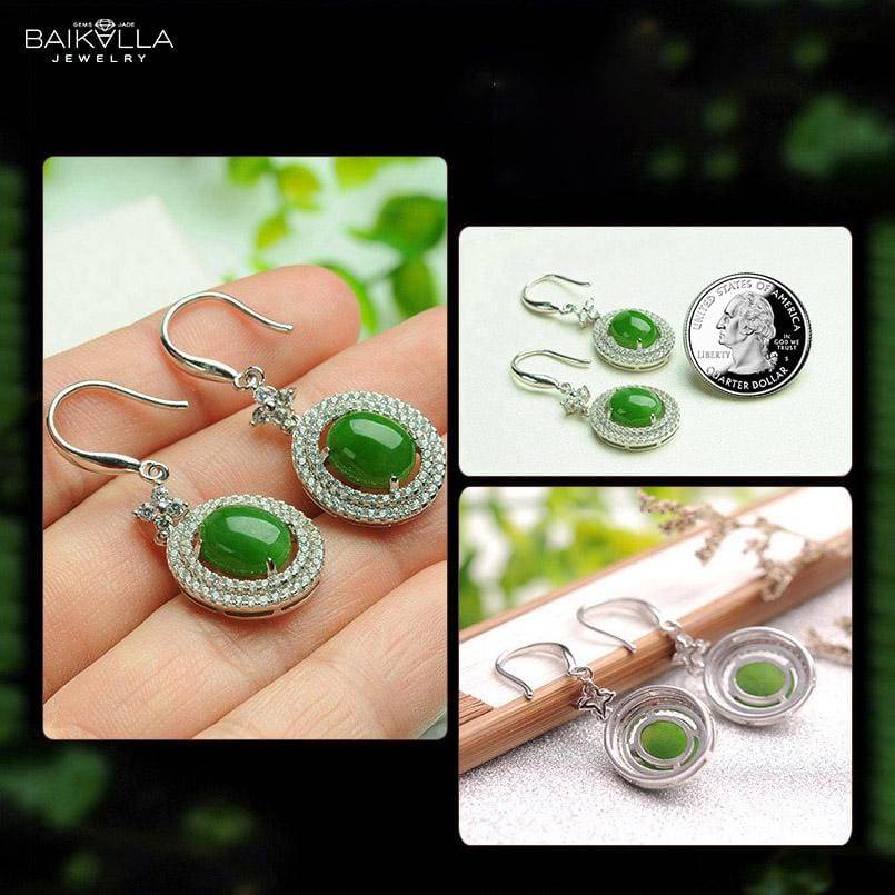 Baikalla Jewelry Silver Gemstone Earrings Baikalla™ &quot;Classic Double Halo&quot; Sterling Silver Genuine Nephrite Green Jade Dangle Earrings