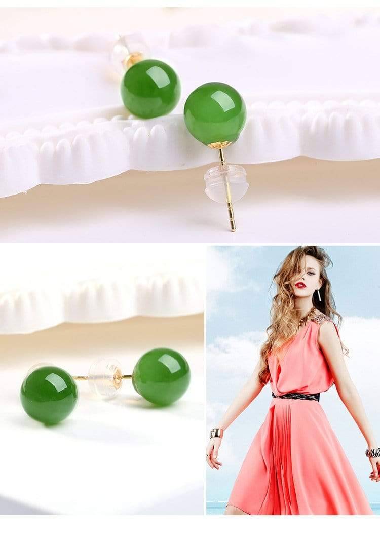 Baikalla Jewelry Gold Jade Earrings Baikalla™ &quot;Classic Jade Stud&quot; 18K Gold Genuine Nephrite Green Jade Beads (high quality) Earrings