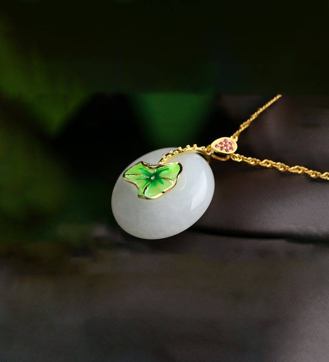 Baikalla Jewelry Jade Pendant Genuine White Nephrite Jade Necklace with Gold Plated Sterling Silver and Pink &amp; Green CZ