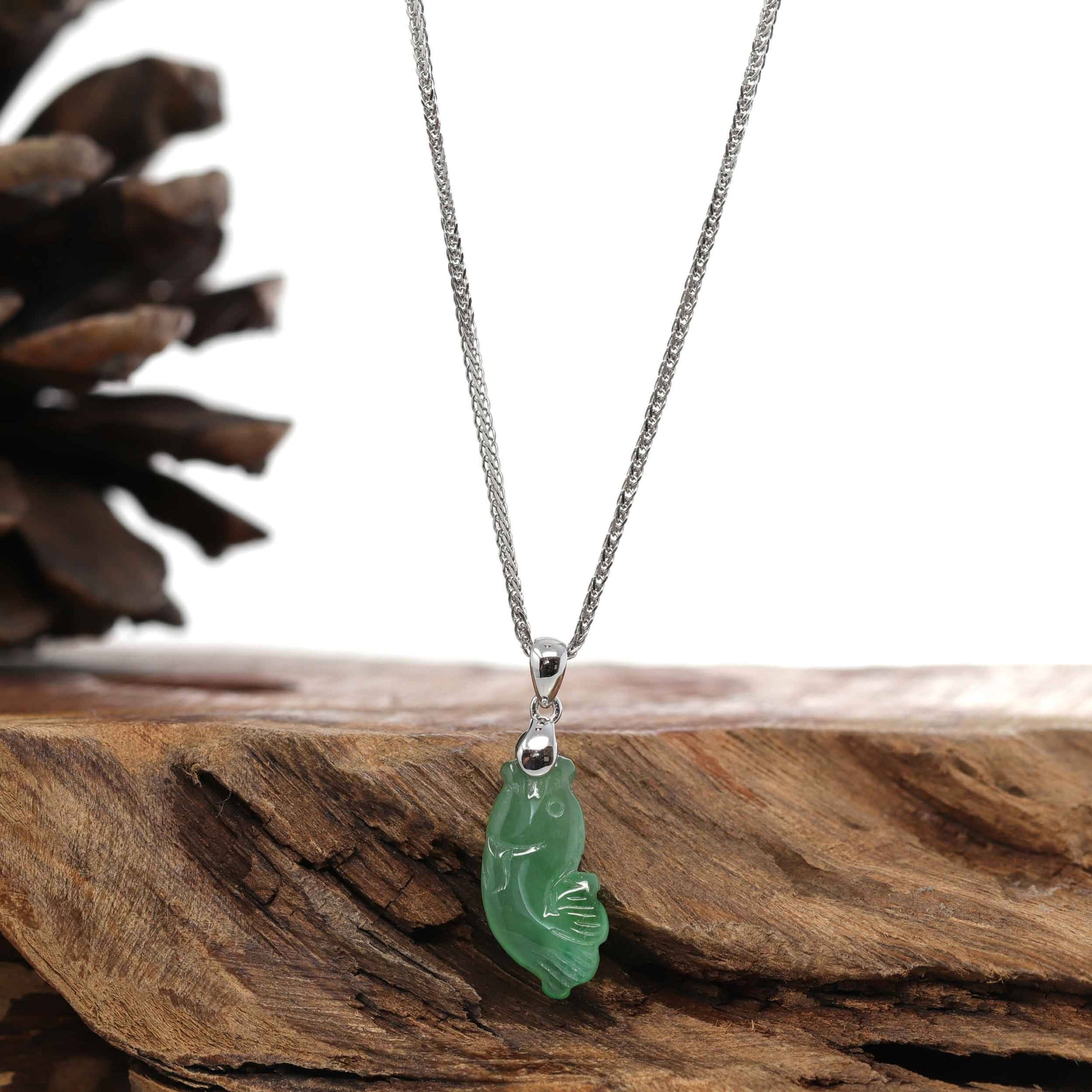 Baikalla Jewelry Jade Pendant Necklace Baikalla &quot;Prosperity Every Year (年年有鱼)&quot; Lucky Fish Carving Pendant Necklace Natural Green Jadeite Jade JG154