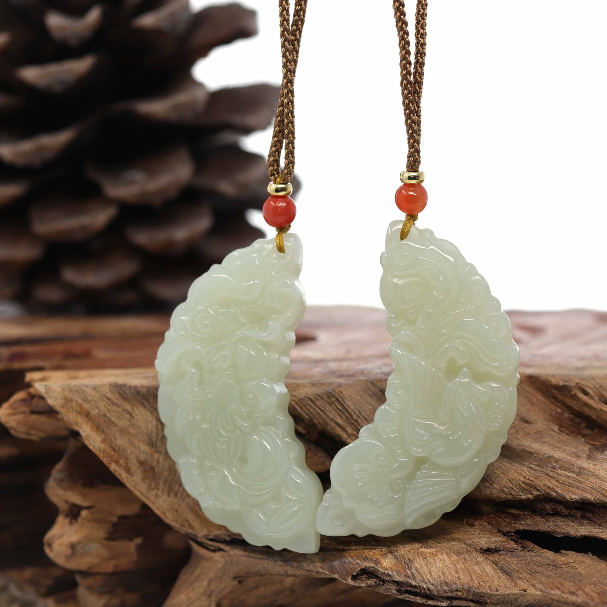 Baikalla Jewelry Jade Pendant Necklace A Pair Baikalla™ &quot;Dragon &amp; Phoenix&quot; Genuine HeTian White Nephrite Jade Pendant Necklace