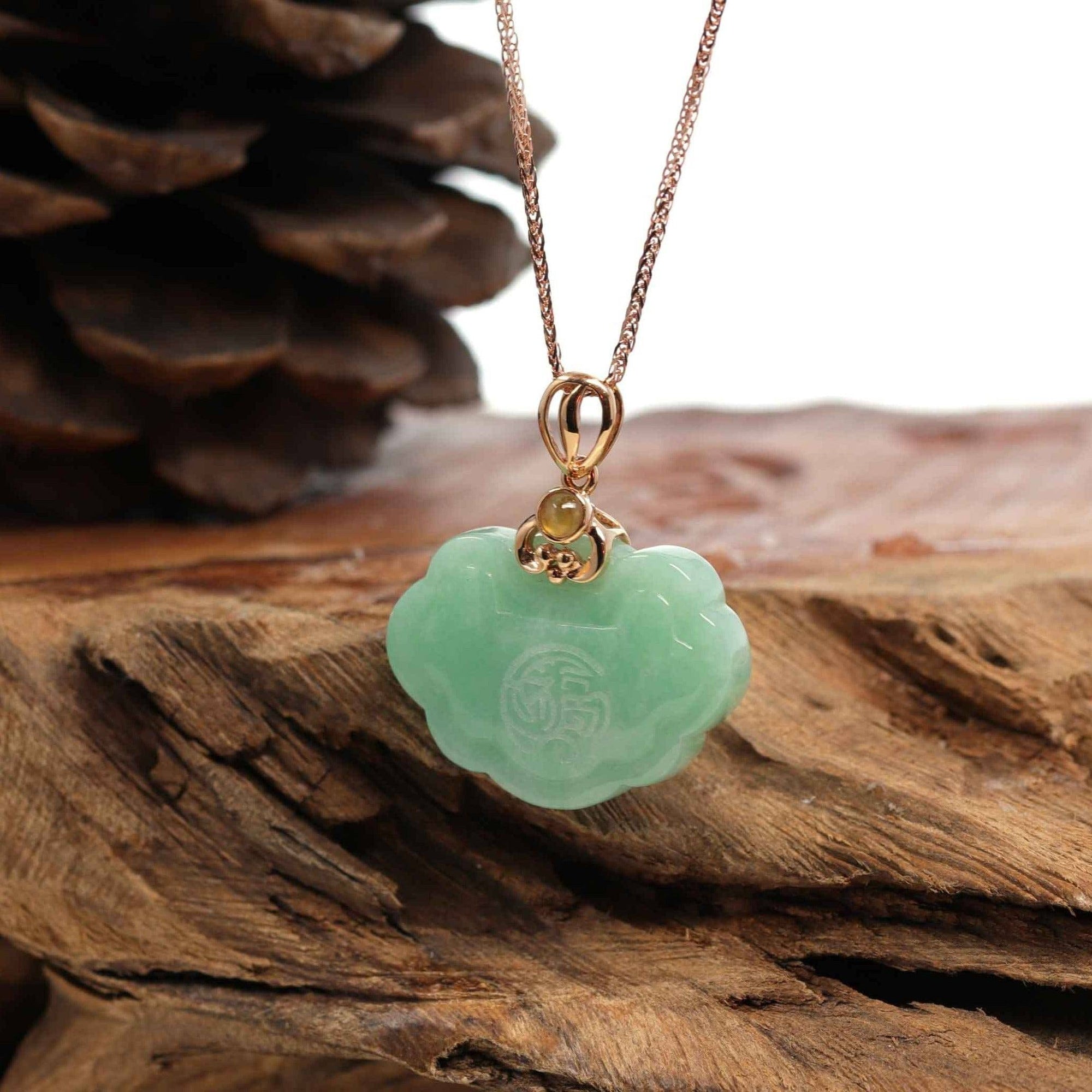 Baikalla Jewelry Jade Pendant 18k Rose Gold Genuine Burmese Green Jadeite Happiness ( Fu & Pingan ) Pendant Necklace