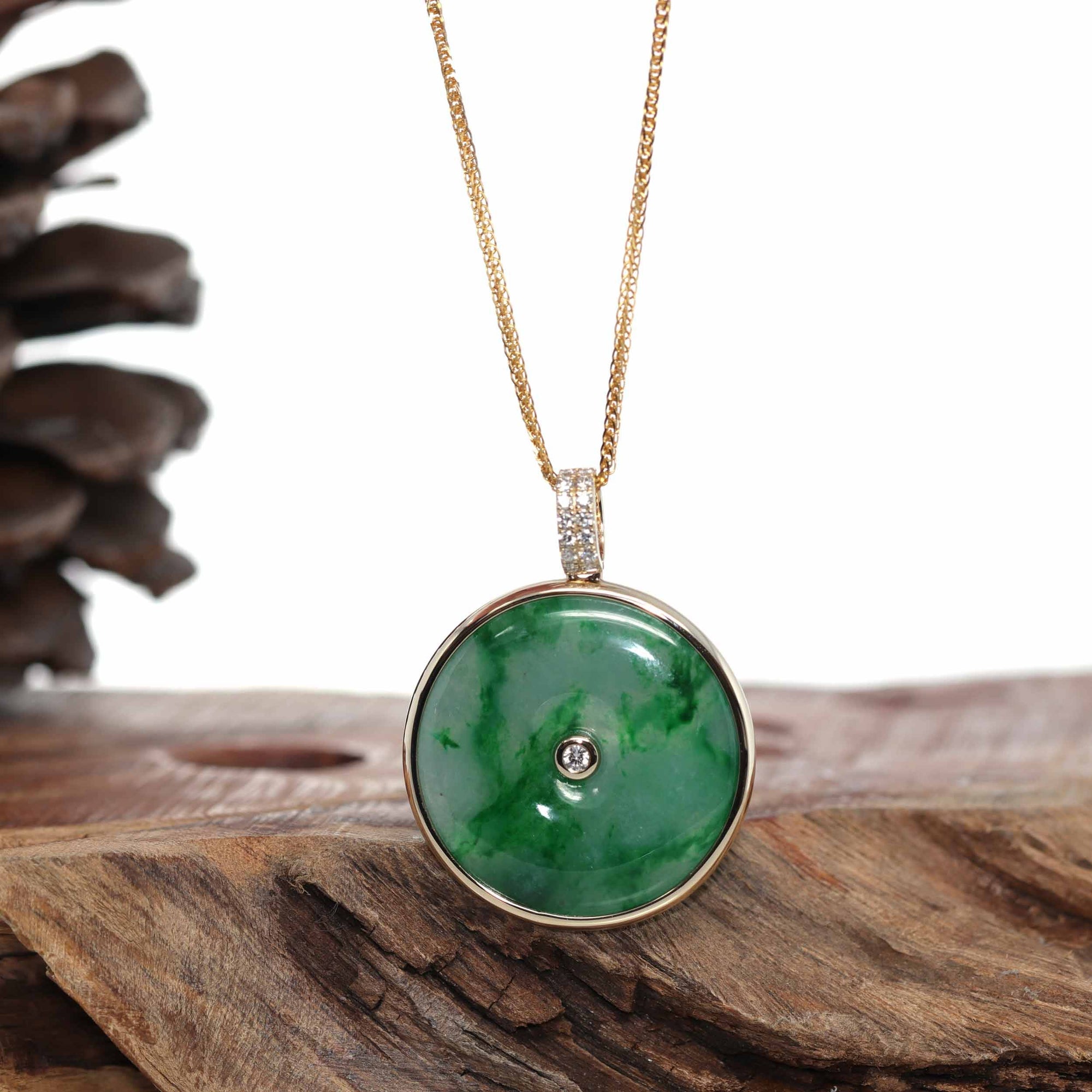 Baikalla Jewelry Gold Jadeite Jade Pendant Necklace 14K Gold "Good Luck Button" Necklace Ice Green Jadeite Jade Lucky KouKou Pendant Necklace