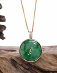 Baikalla Jewelry Gold Jadeite Jade Pendant Necklace 14K Gold "Good Luck Button" Necklace Ice Green Jadeite Jade Lucky KouKou Pendant Necklace