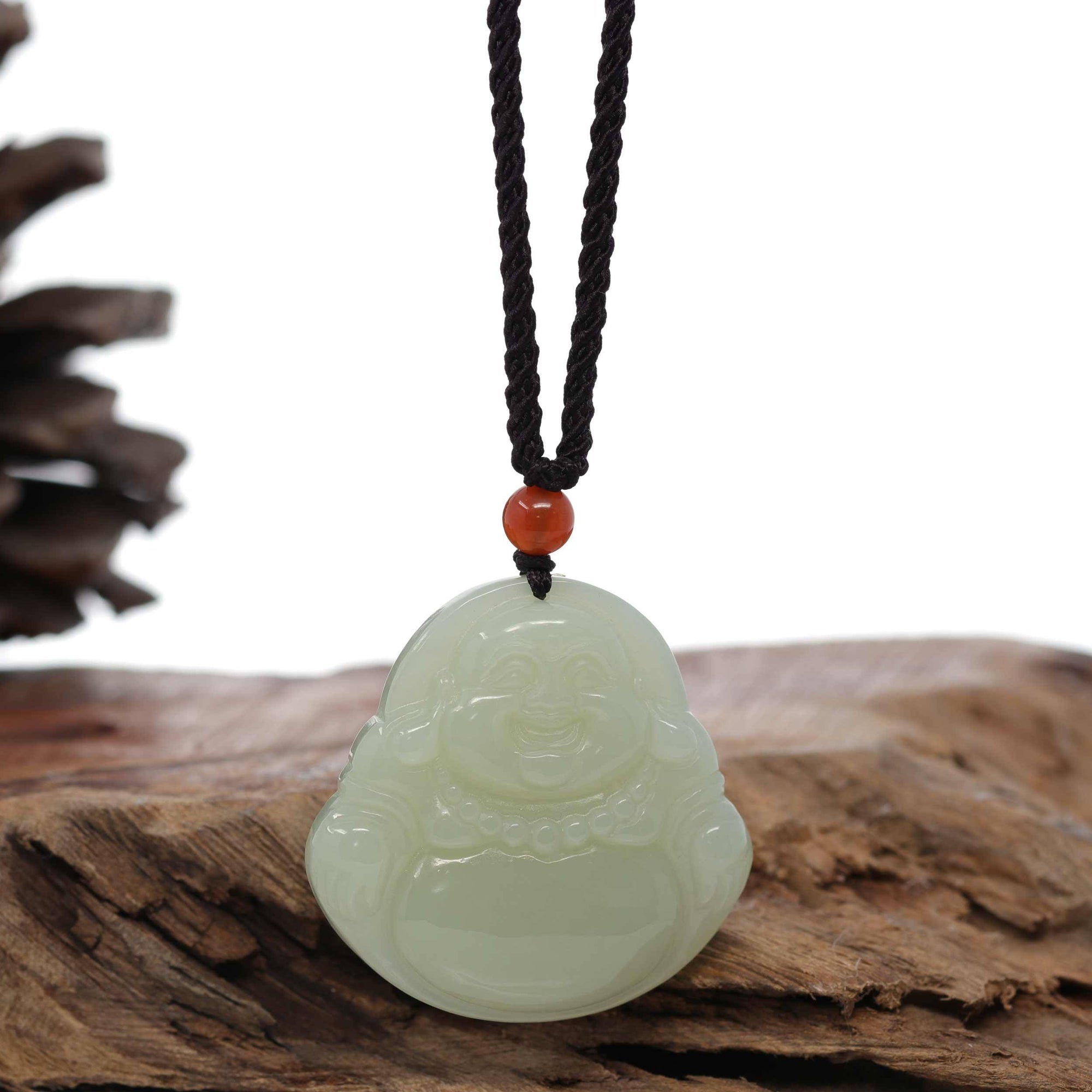 Baikalla Jewelry Jade Pendant Necklace Big Buddha &quot;Laughing Buddha&quot; Genuine White Jade Pendant Necklace