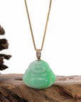 Baikalla Jewelry Jade Pendant Natural Burmese Jadeite Jade Happy Buddha With 14k Yellow VS1 Diamond Bail