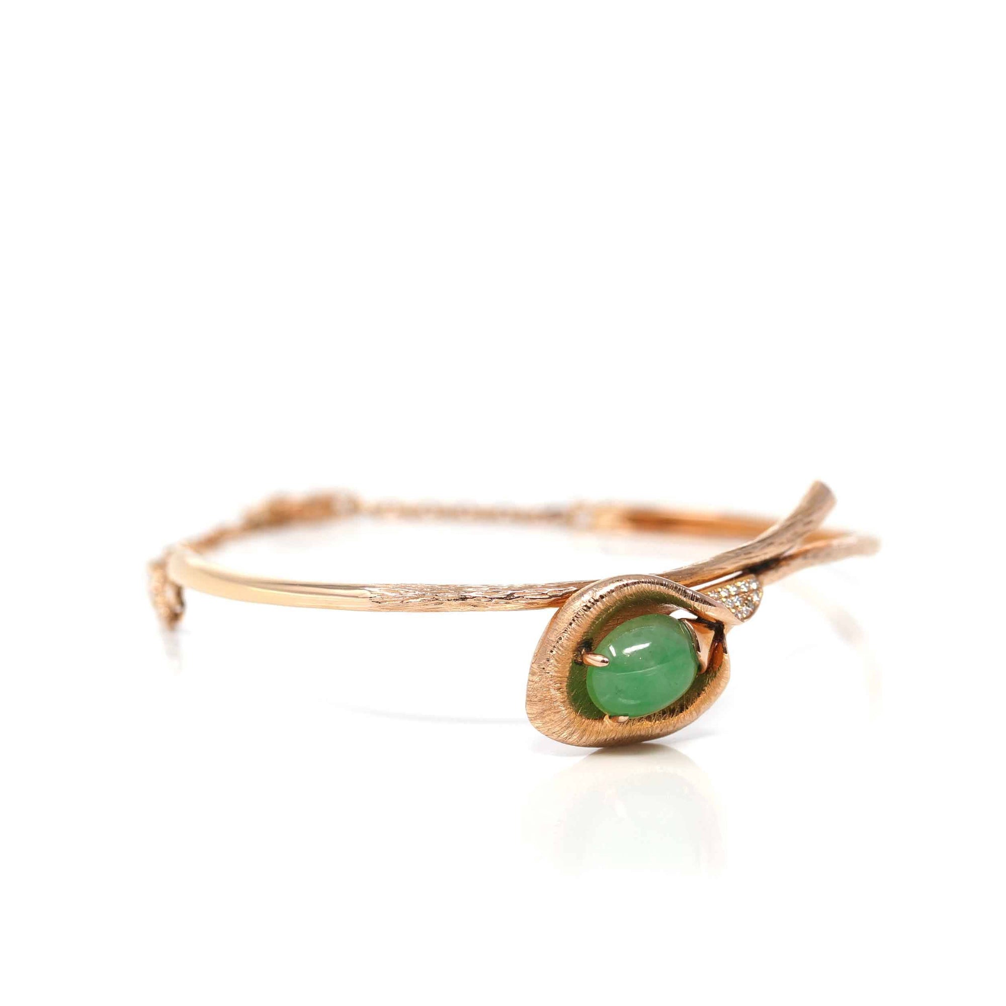 Baikalla Jewelry Gold Jade Bracelet 18k Rose Gold "Morning Glory" Half Bracelet Bangle with Green Imperial Jade & Diamonds