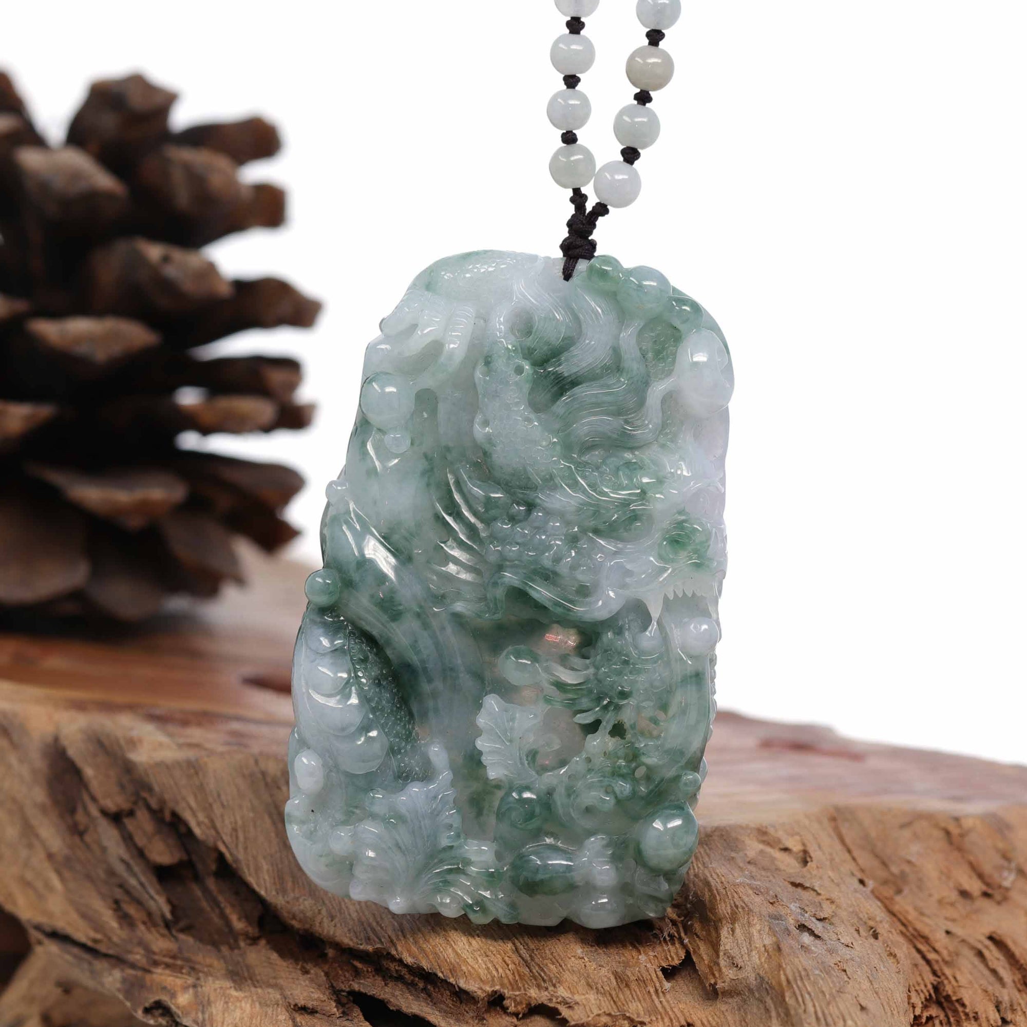 Baikalla Jewelry Jade Carving Necklace "Soring Dragon" Natural Jadeite Jade Blue Green Pendant Necklace For Men, Collectibles.