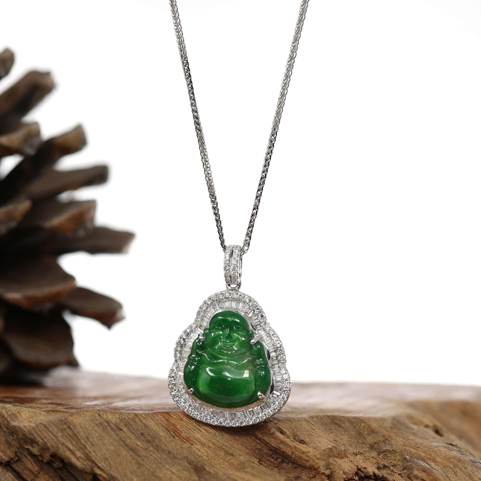 Baikalla Jewelry 18k Gold Jadeite Necklace 18K White Gold High-End Imperial Jadeite Jade Buddha Necklace with Diamonds