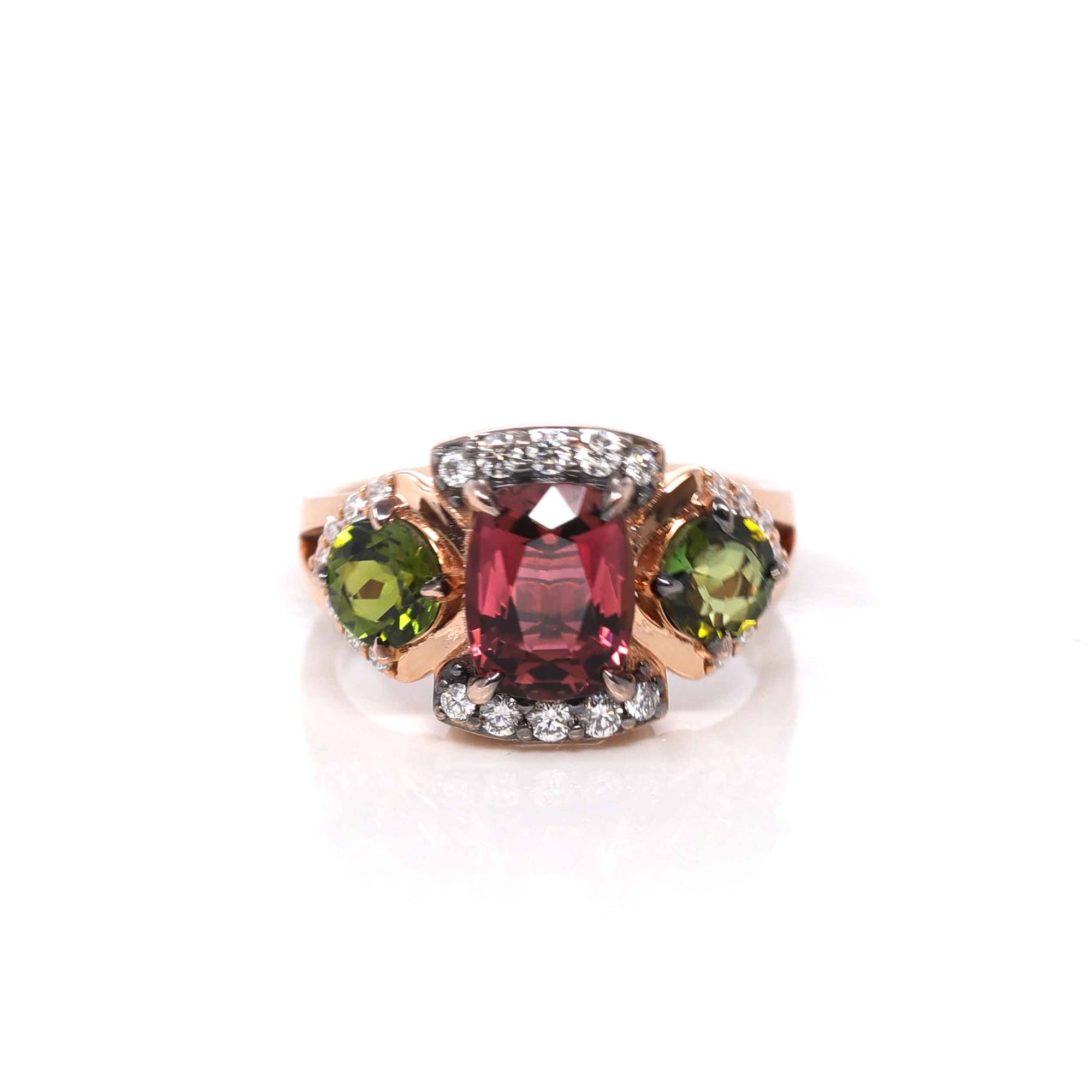 Baikalla Jewelry 14K Gold Tourmaline Ring 5 18K Rose Gold 3 Stone Natural AAA Tourmaline Ring with VS1 Diamonds