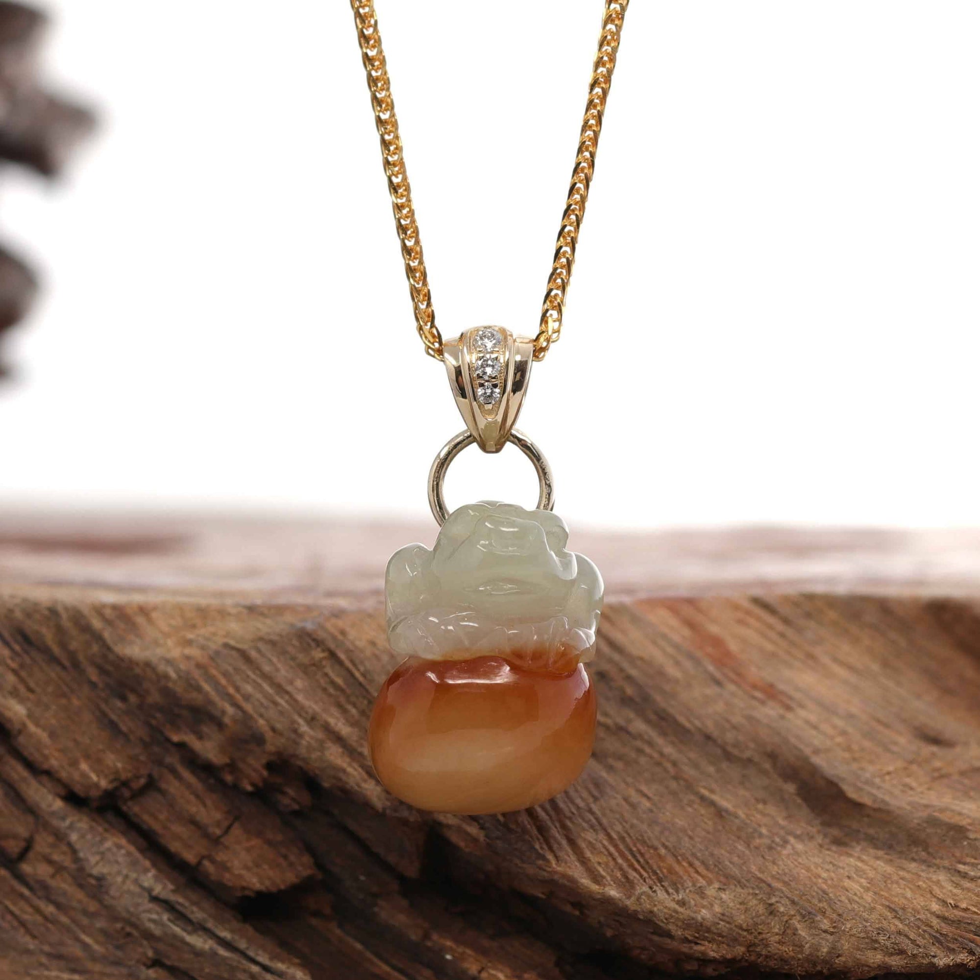 Baikalla Jewelry Jade Pendant 14k Yellow Natural Jadeite Jin Chan &quot;Money Toad&quot; Necklace With 14k Yellow Gold Diamond Bail