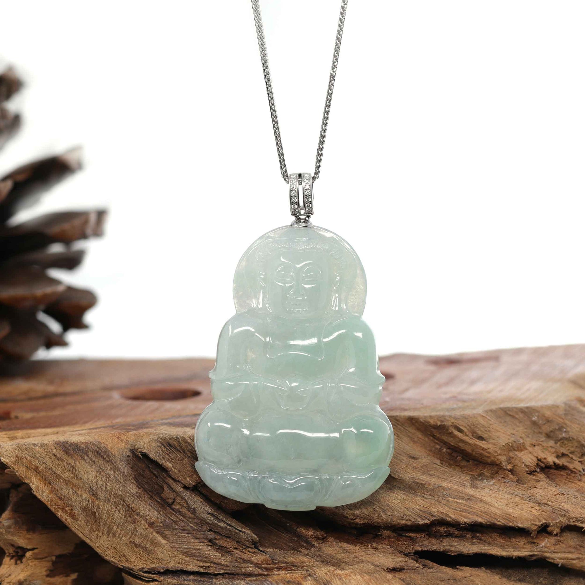 Baikalla Jewelry Jade Guanyin Pendant Necklace Pendant Only Baikalla 14k "Goddess of Compassion" Genuine Burmese Jadeite Jade Guanyin Pendant With VS1 Diamond Bail