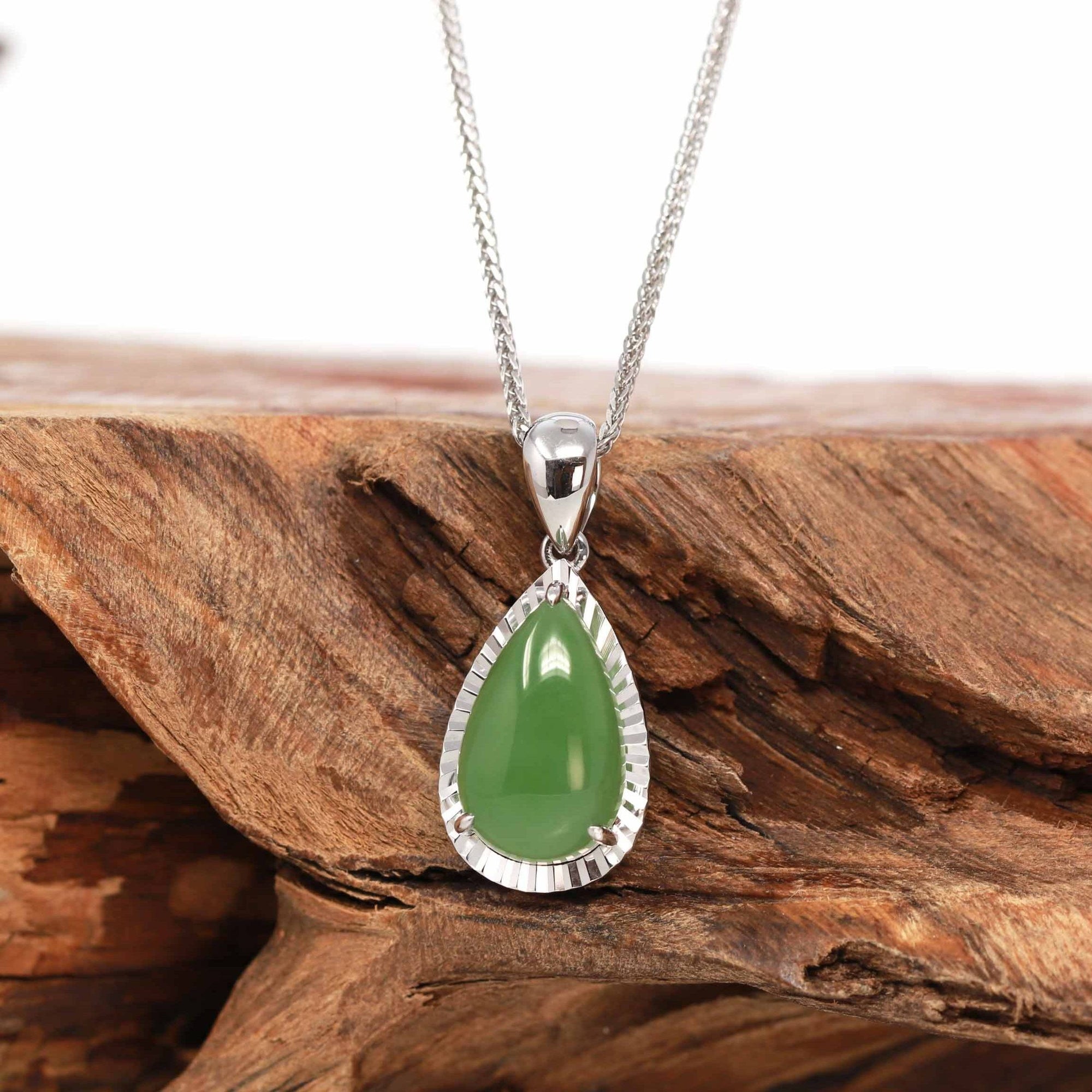 Baikalla Jewelry Gold Jade Pendant 14K Gold "Classic Tear Drop" Green Apple Green Jade Diamond Cut Setting Pendant Necklace