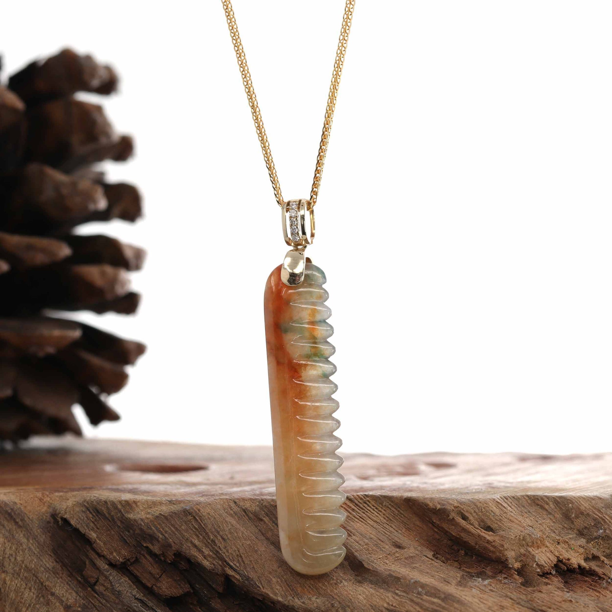 Baikalla Jewelry Jade Pendant Pendant Only 14K Yellow Natural Red & Brown Jadeite Jade Comb Necklace