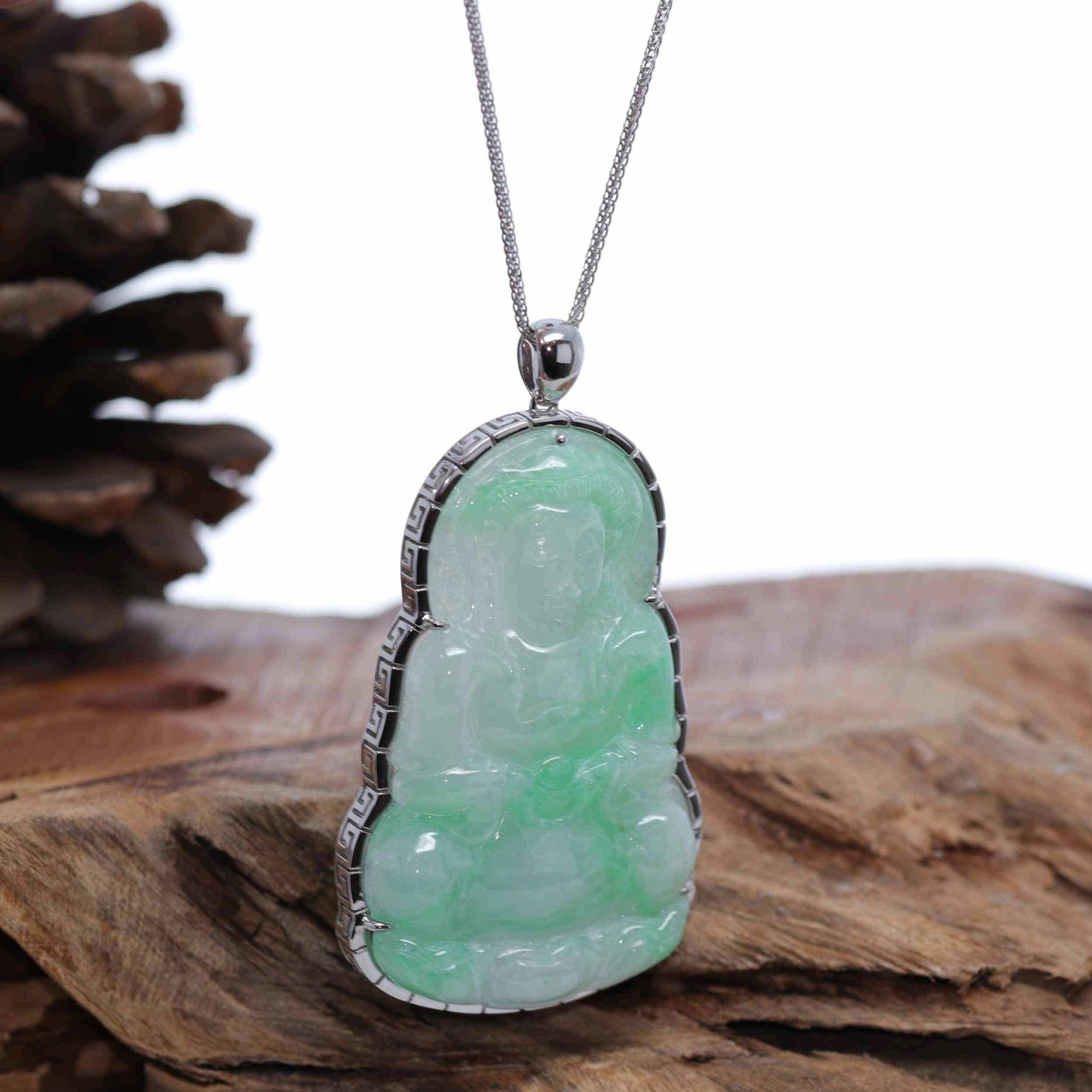 Baikalla Jewelry Jade Guanyin Pendant Necklace Baikalla 14k "Goddess of Compassion" Genuine Burmese Jadeite Jade Guanyin Necklace With Good Luck Design