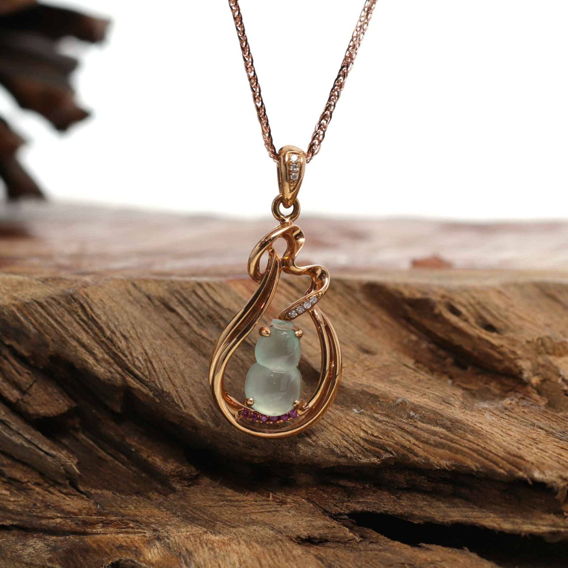 Baikalla Jewelry 18k Gold Jadeite Necklace Pendant Only 18K Rose Gold Ice Jadeite Jade Hulu Necklace with Diamonds