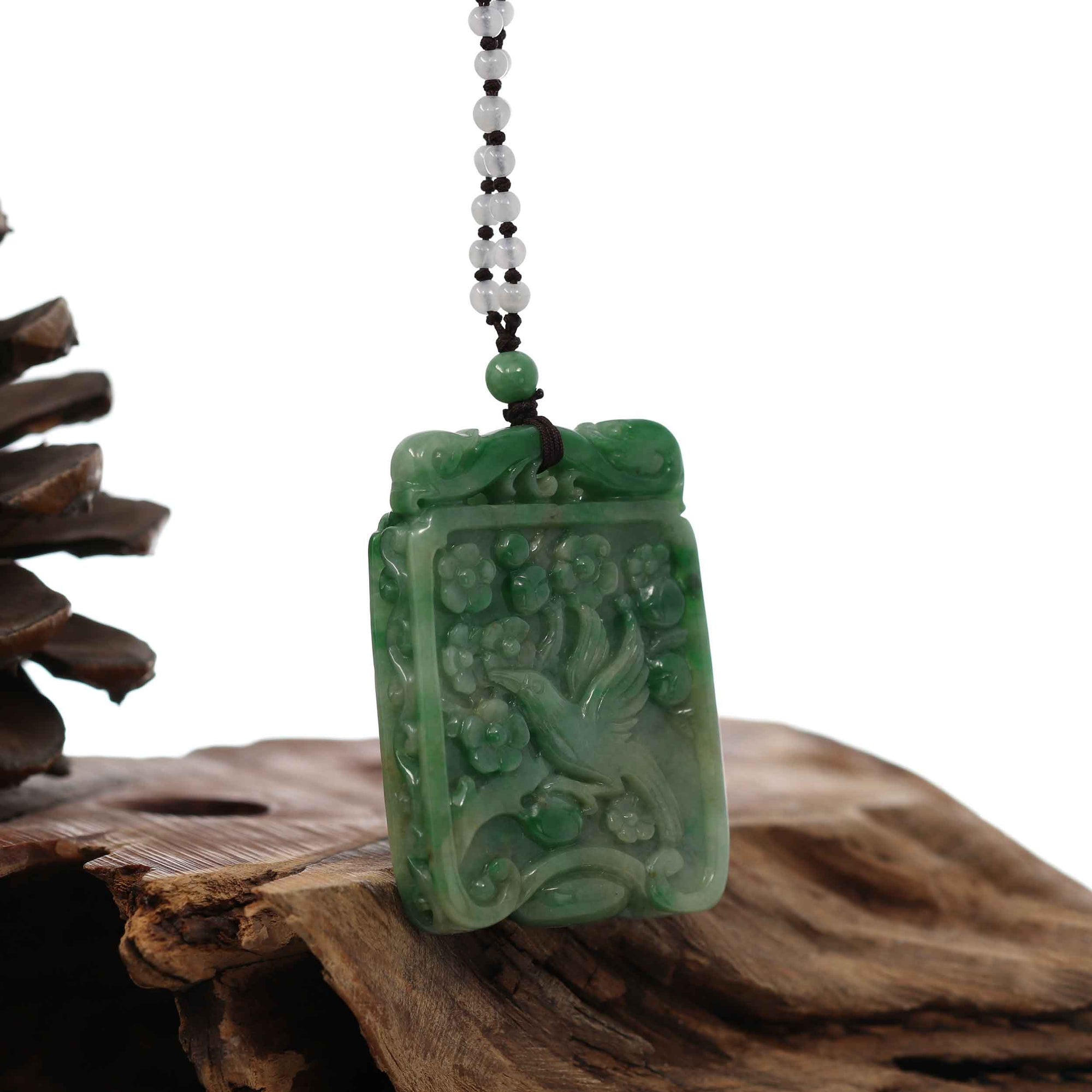 Baikalla Jewelry Jade Guanyin Pendant Necklace Genuine Green Jadeite Jade "Lucky Bird on Branch" Pendant Necklace With Real Jadeite jade Beads Necklace