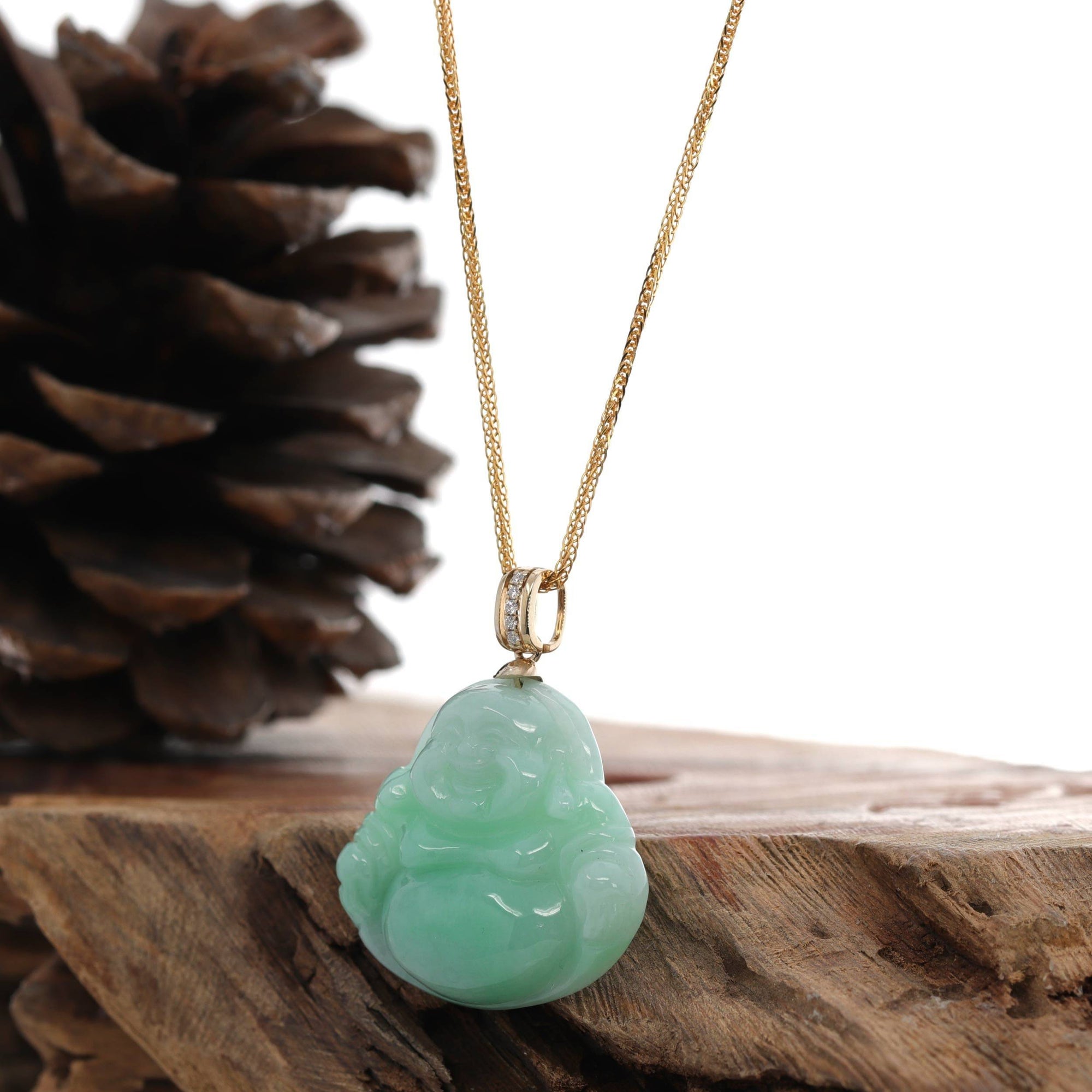 Baikalla Jewelry Jade Pendant Natural Burmese Jadeite Jade "Laughing Buddha" With 14k Yellow VS1 Diamond Bail