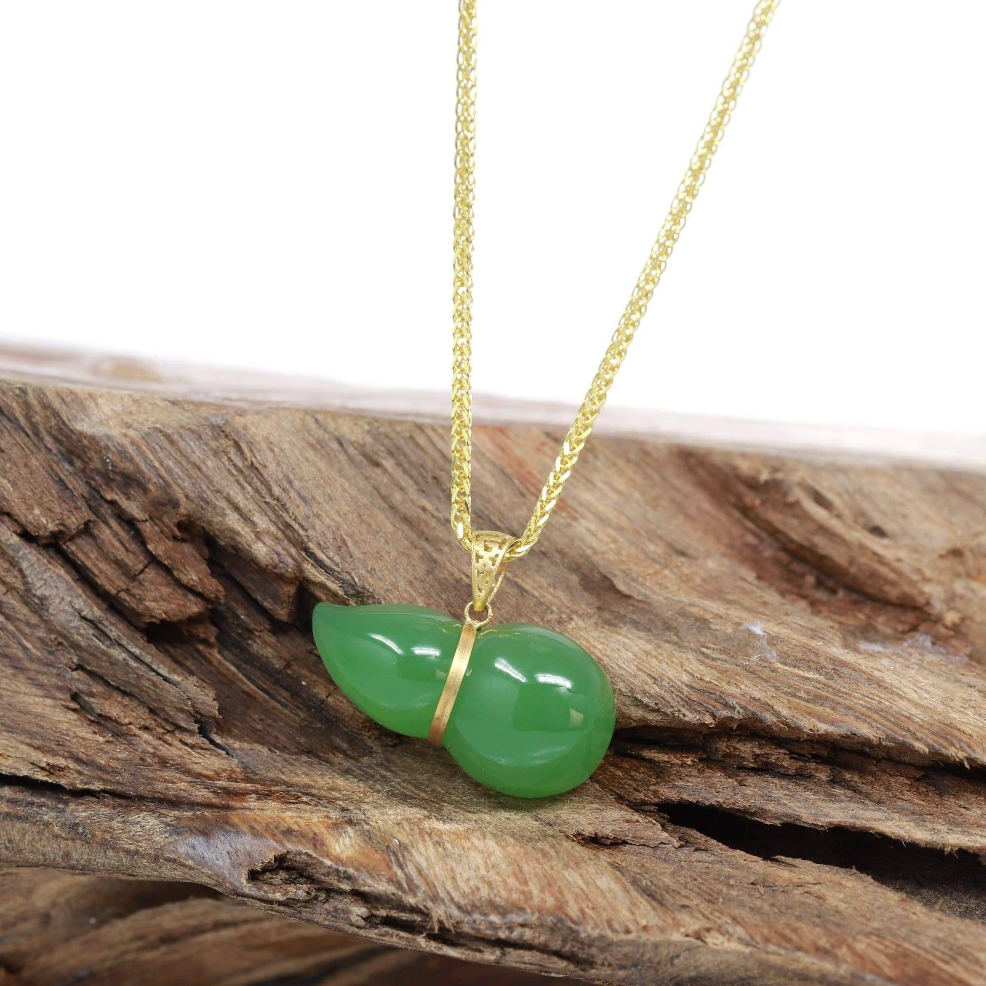 Baikalla Jewelry Gold Jadeite Necklace With 18k Yellow Gold wheat Chain Baikalla™ "Lucky Gourd" HuLu18k Yellow Gold Green Nephrite Jade Pendant Necklace