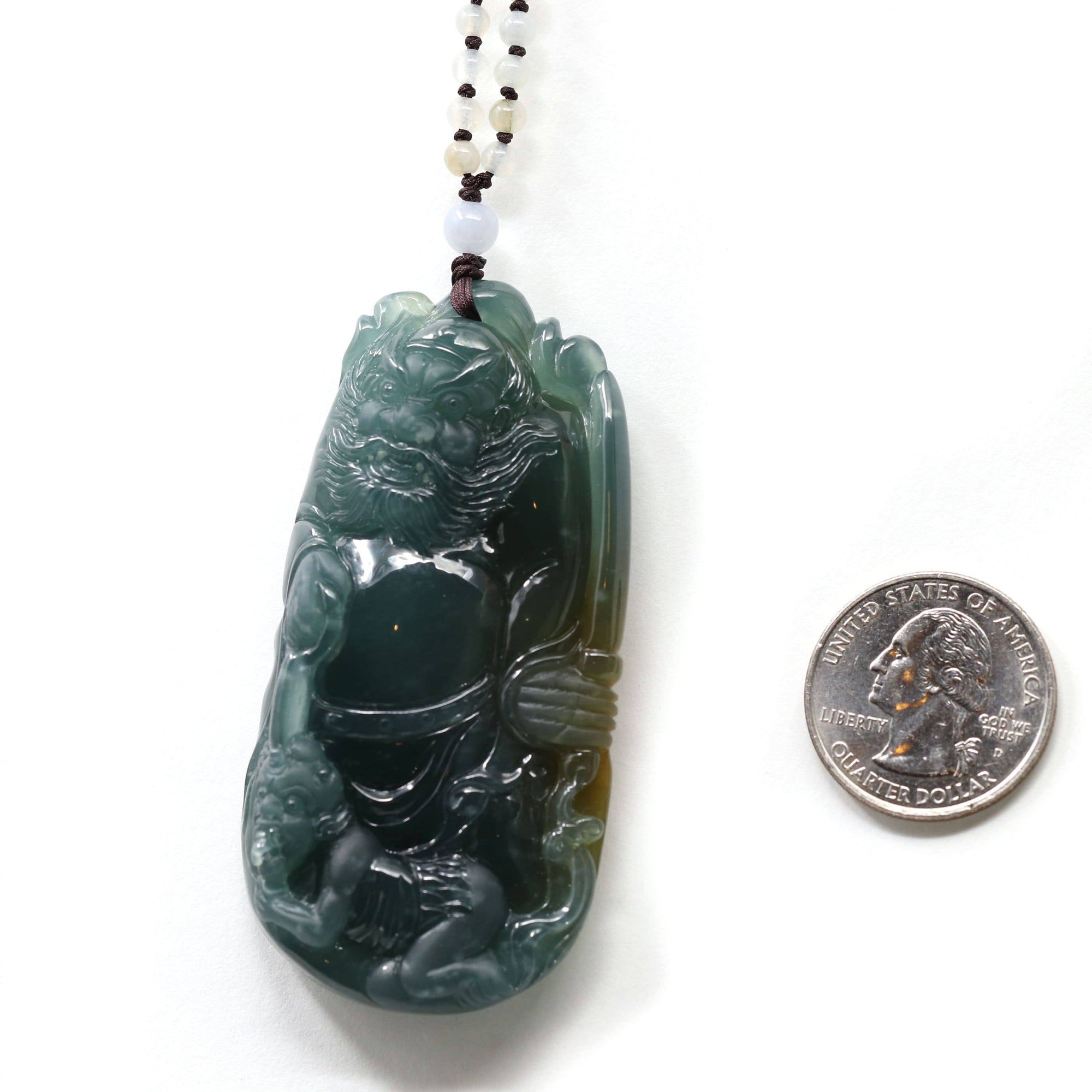 Baikalla Jewelry Jade Carving Necklace Baikalla™ The Demon Hunter&quot; (Zhong Kui)Natural Jadeite Dark Green to Deep Blue Jade Necklace, Collector&#39;s piece