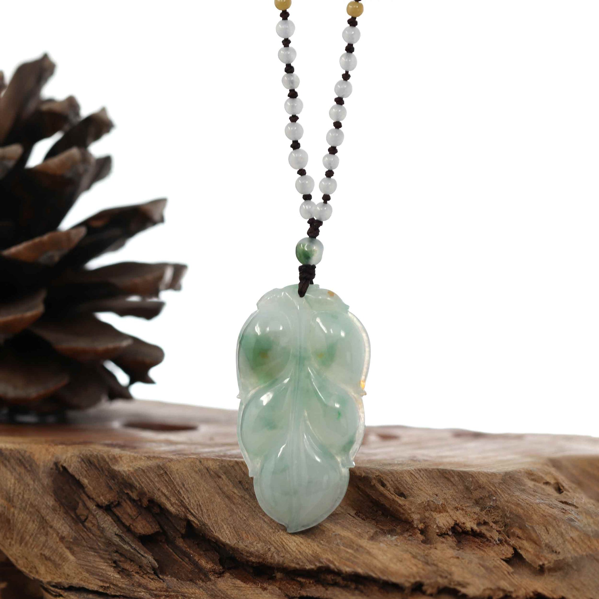 Baikalla Jewelry Jade Pendant Necklace Genuine Ice Blue-Green Jadeite Jade "Good Fortune Leaf" Pendant Necklace With Real Jadeite Bead Necklace