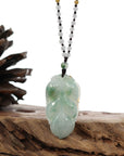 Baikalla Jewelry Jade Pendant Necklace Genuine Ice Blue-Green Jadeite Jade "Good Fortune Leaf" Pendant Necklace With Real Jadeite Bead Necklace