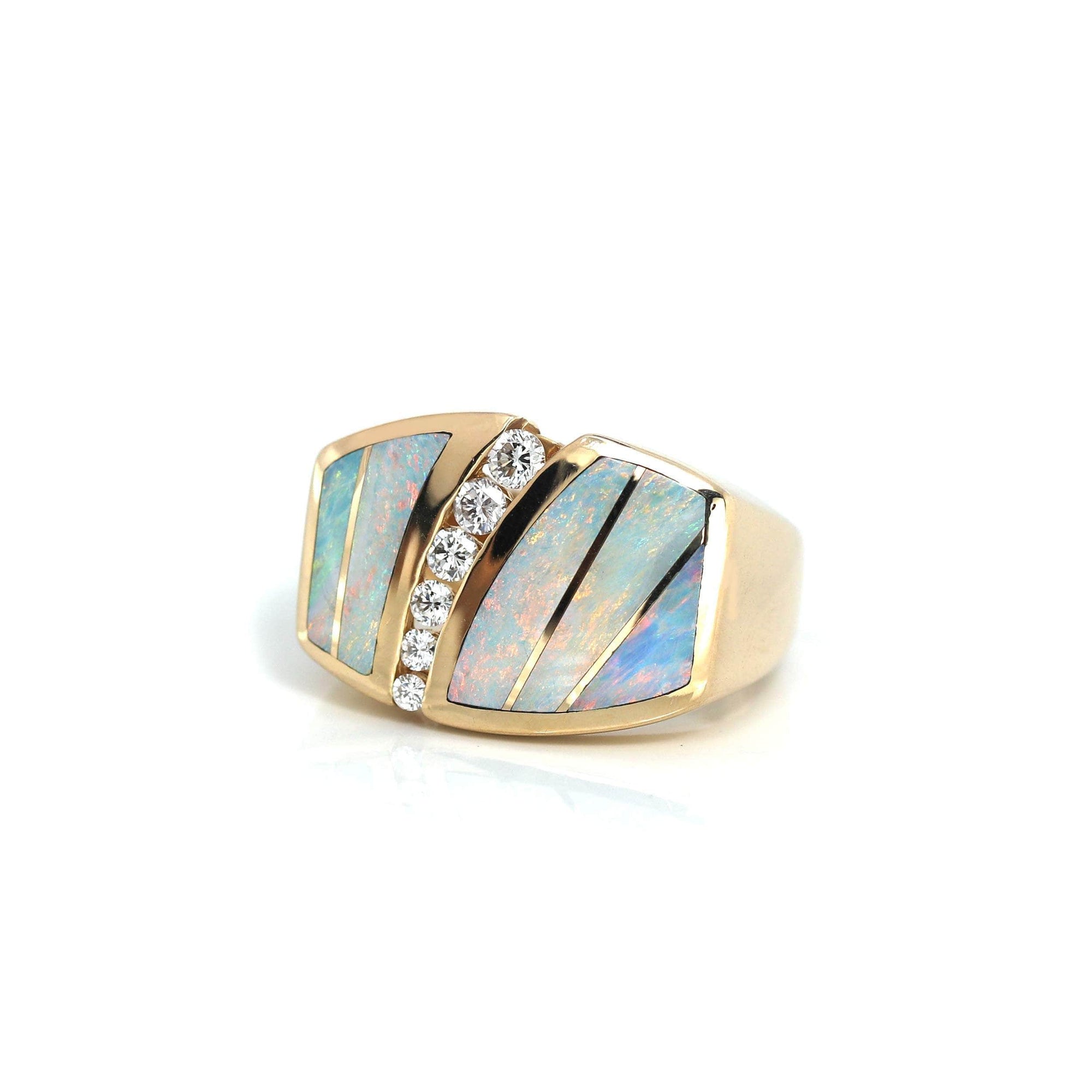 Baikalla Jewelry Gold Opal Ring 8 14k Yellow Gold Natural AAA Australian Opal Men&#39;s Ring with Diamonds