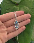 14k White Gold Natural Swiss Blue Topaz Tear Drop Necklace With Diamonds