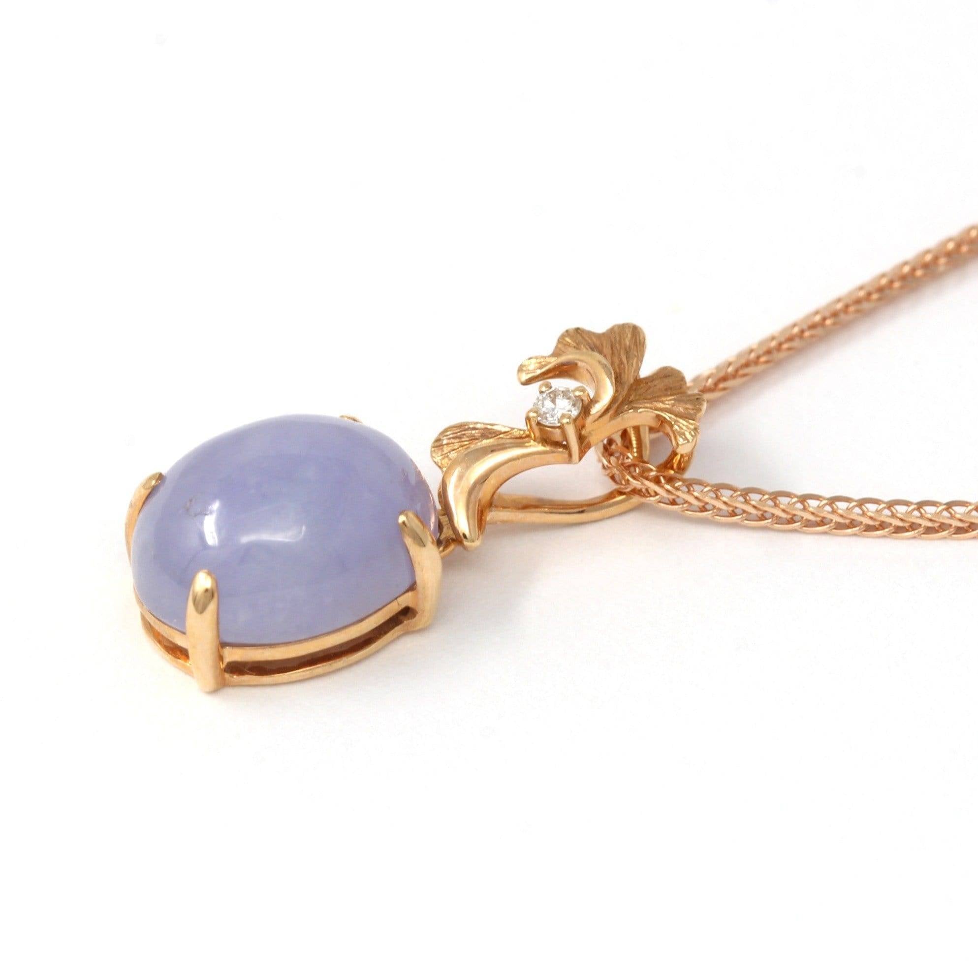 Baikalla Jewelry 18k Rose Gold Genuine Burmese Lavender Jadeite  Pendant Necklace With Diamond