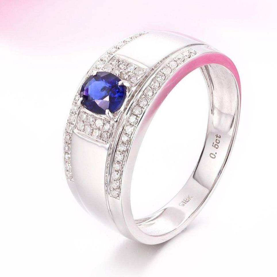 Baikalla Jewelry Gemstone Men&#39;s Ring 8 18k White Gold Natural 0.5 ct Sapphire Men&#39;s Halo Ring with Diamonds