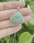 Baikalla™ "Laughing Buddha" Genuine Vibrant Green Jadeite Buddha Pendant Necklace With 14k White Gold Bail