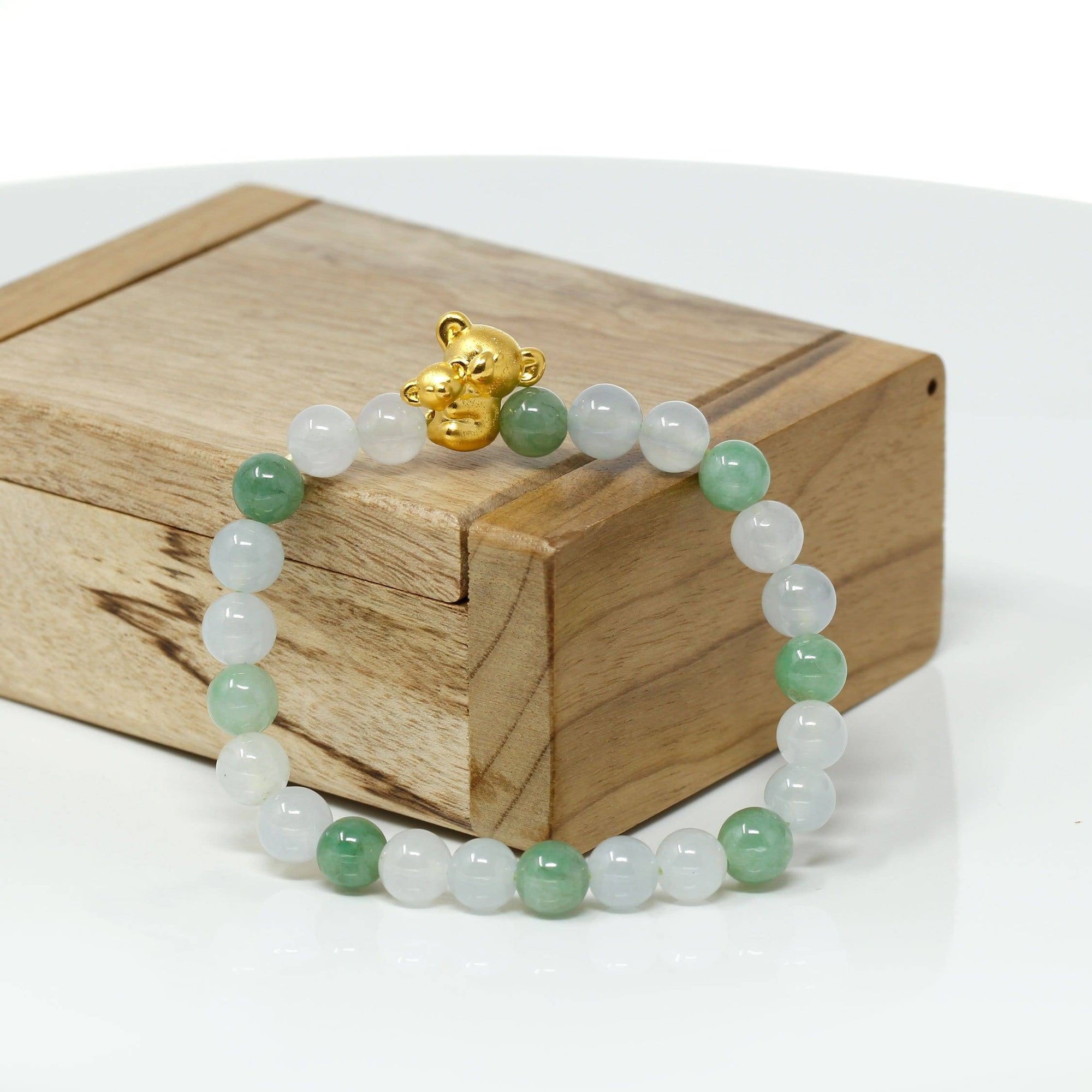 Baikalla Jewelry 24k Gold Jadeite Beads Bracelet XS 6 Inches Genuine High-quality Jade Jadeite Bracelet Bangle with 24k Yellow Gold Koala Bear Charm 