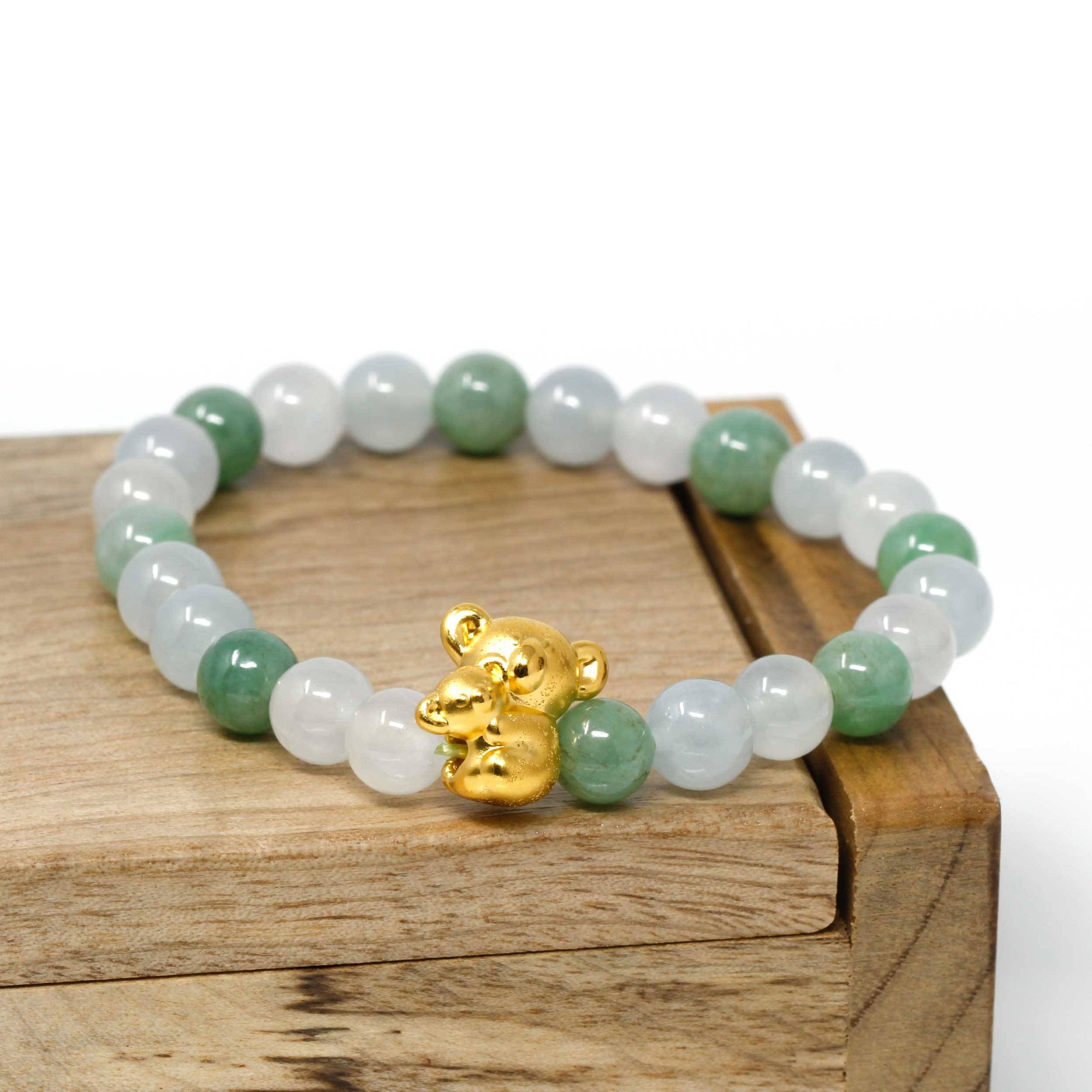 Baikalla Jewelry 24k Gold Jadeite Beads Bracelet Genuine High-quality Jade Jadeite Bracelet Bangle with 24k Yellow Gold Koala Bear Charm #402