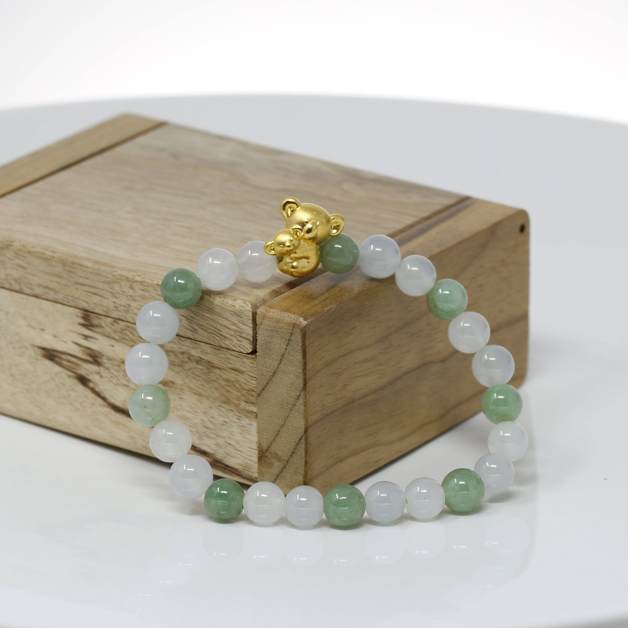 Baikalla Jewelry 24k Gold Jadeite Beads Bracelet Genuine High-quality Jade Jadeite Bracelet Bangle with 24k Yellow Gold Koala Bear Charm 