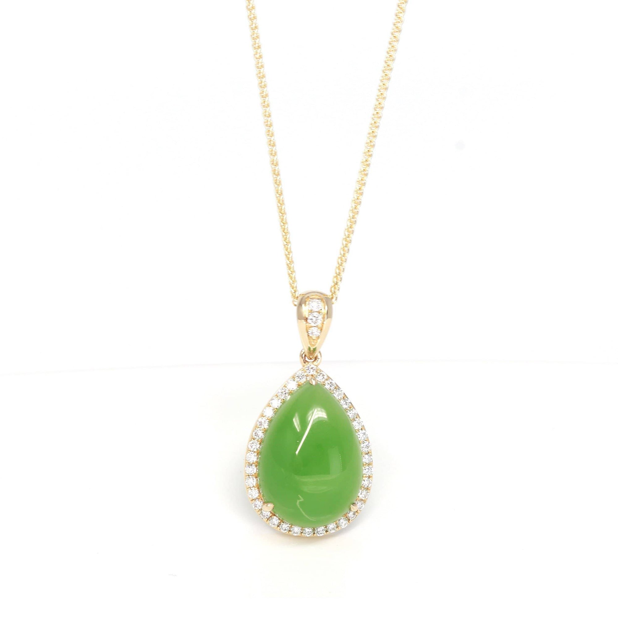 Baikalla Jewelry Gold Jade Pendant 14K Gold Genuine Green Apple Green Jade Tear Drop Pendant Necklace With VS1 Diamond