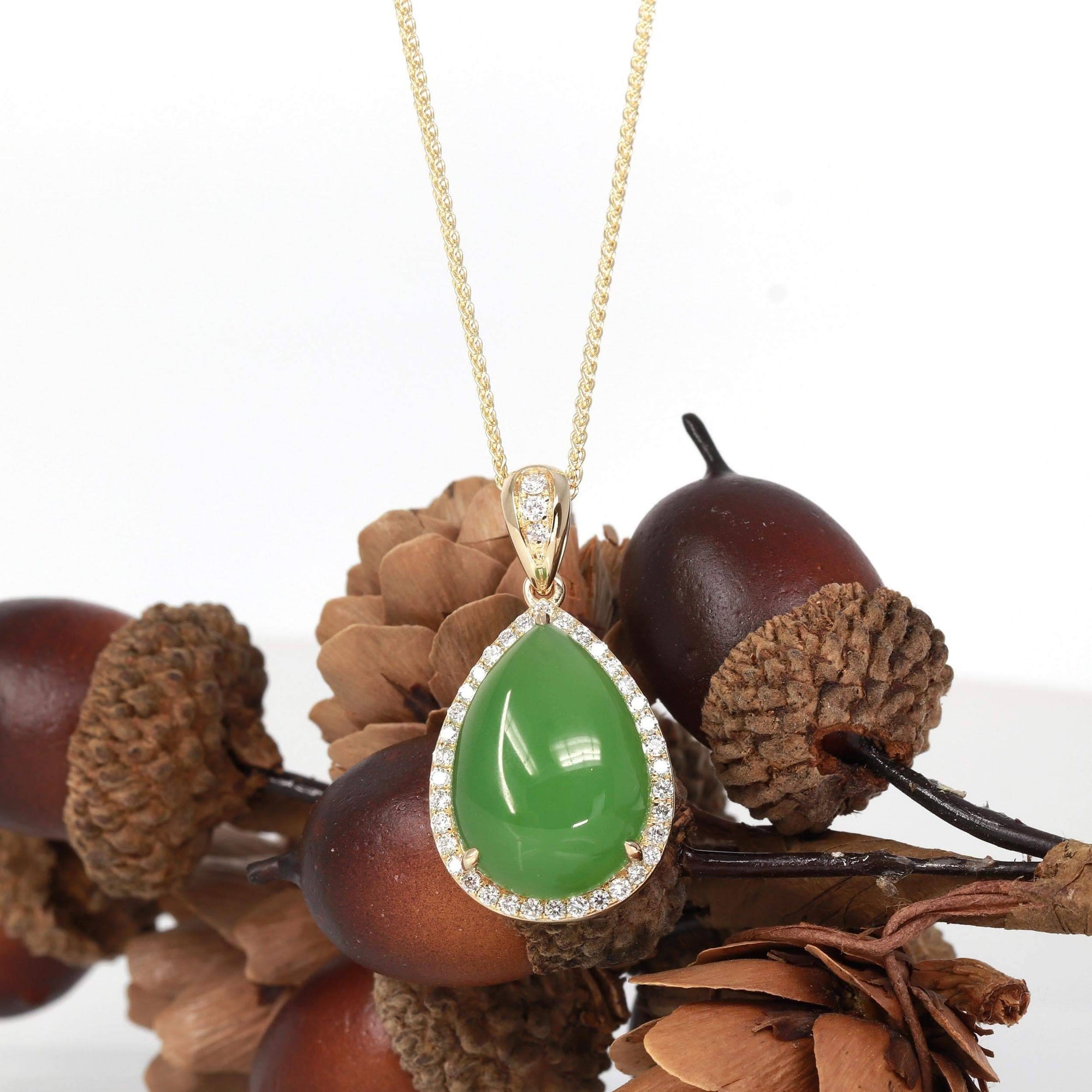 Baikalla Jewelry Gold Jade Pendant 14K Yellow Gold / Pendant Only 14K Gold Genuine Green Apple Green Jade Tear Drop Pendant Necklace With VS1 Diamond