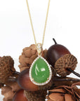 Baikalla Jewelry Gold Jade Pendant 14K Yellow Gold / Pendant Only 14K Gold Genuine Green Apple Green Jade Tear Drop Pendant Necklace With VS1 Diamond