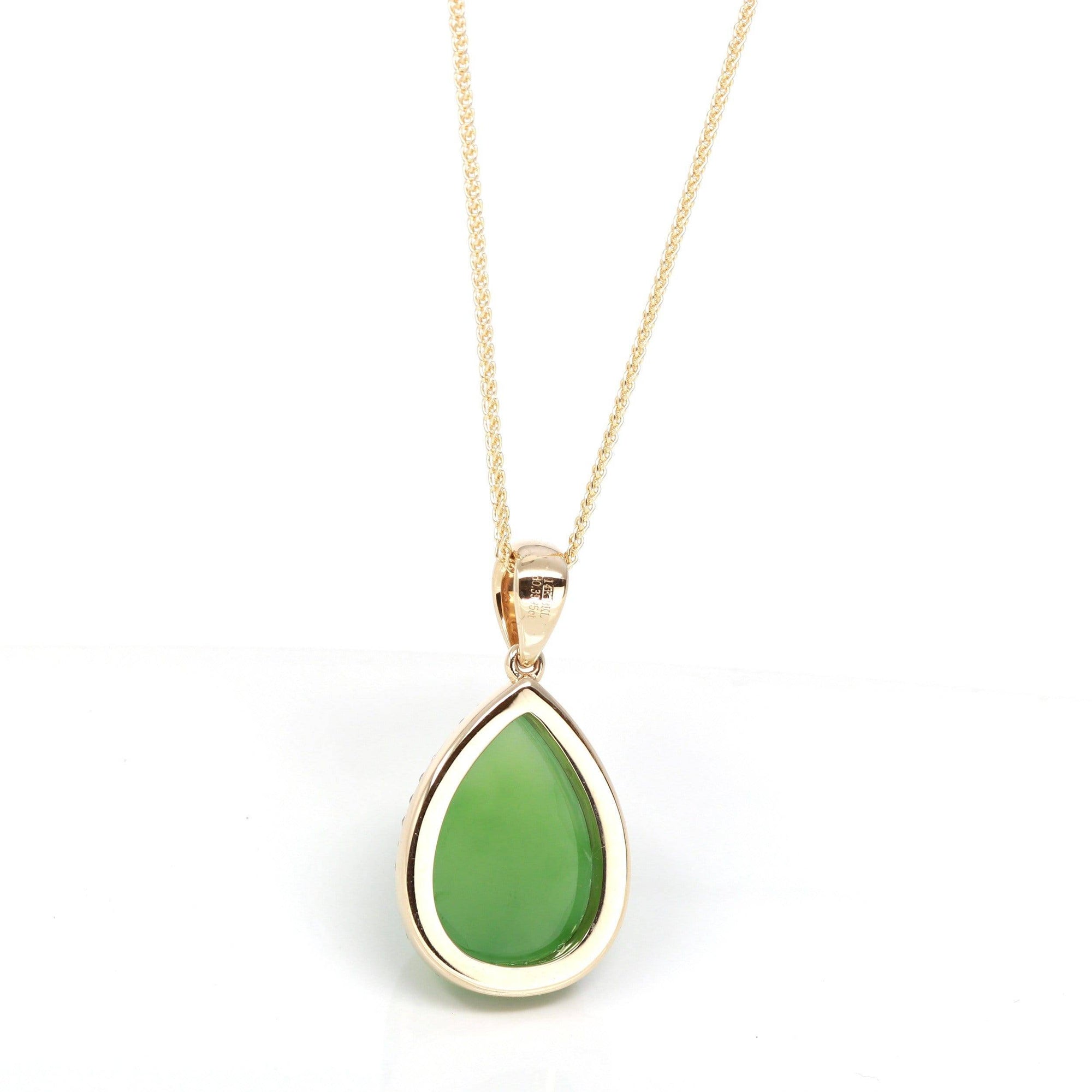 Baikalla Jewelry Gold Jade Pendant 14K Gold Genuine Green Apple Green Jade Tear Drop Pendant Necklace With VS1 Diamond