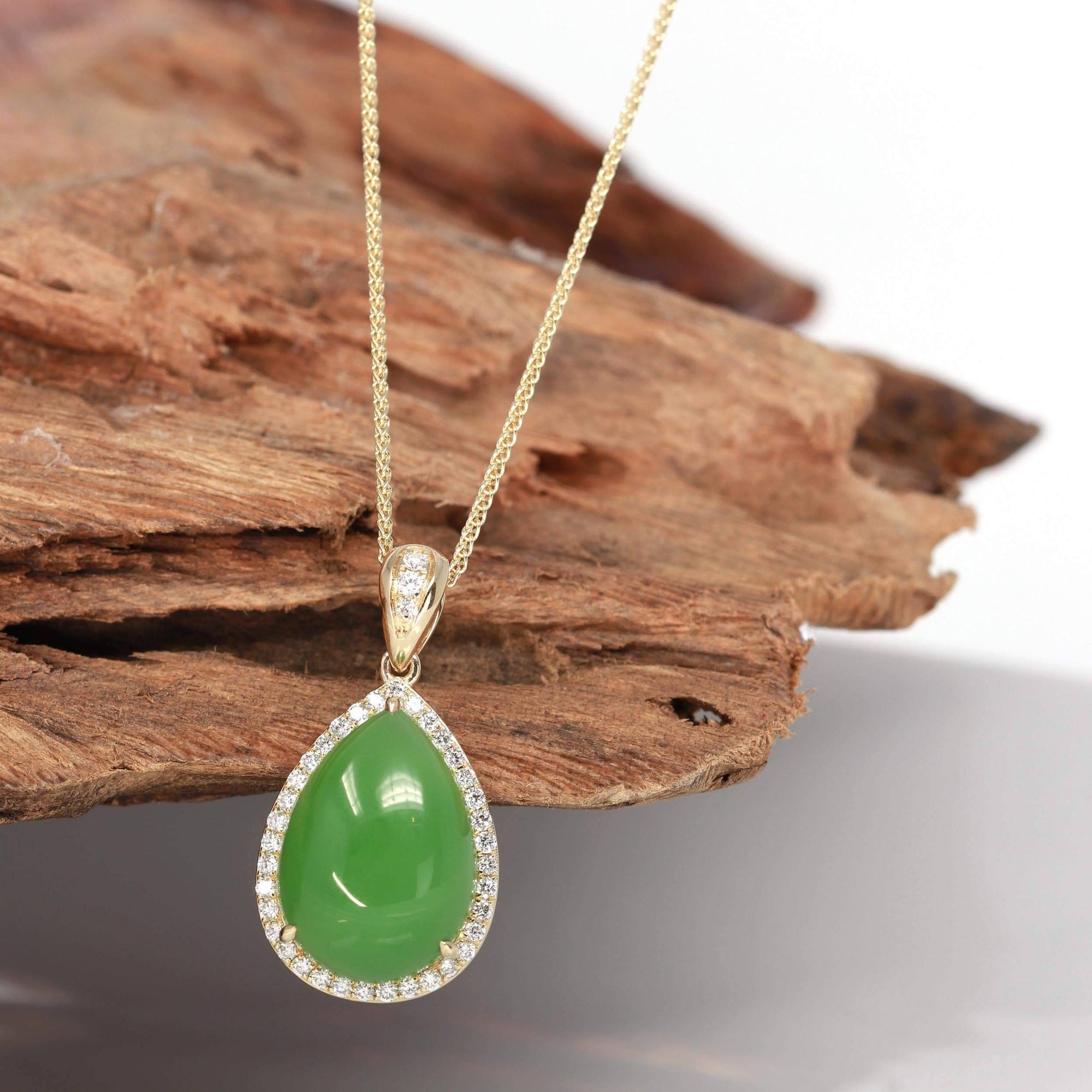 Baikalla Jewelry Gold Jade Pendant 14K Gold Genuine Green Apple Green Jade Tear Drop Pendant Necklace With VS1 Diamond