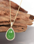 Baikalla Jewelry Gold Jade Pendant 14K Gold Genuine Green Apple Green Jade Tear Drop Pendant Necklace With VS1 Diamond