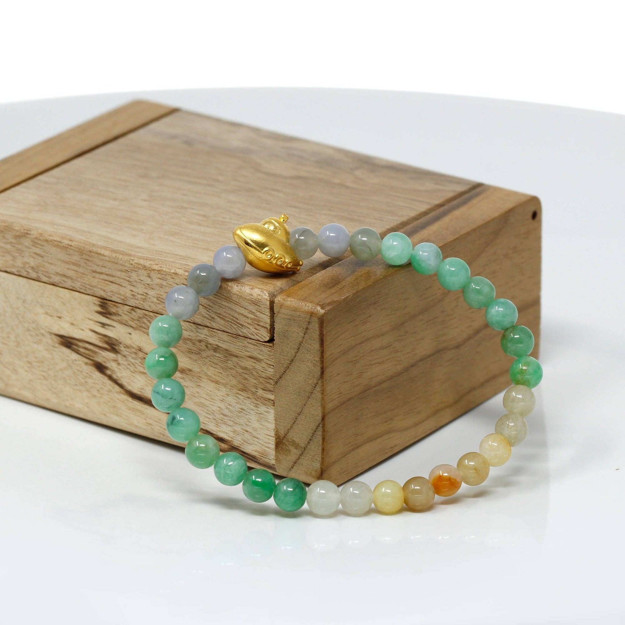 Baikalla Jewelry 24k Gold Jadeite Beads Bracelet Genuine High-quality Jade Jadeite Bracelet Bangle with 24k Yellow Gold UFO Charm Colorful  #418