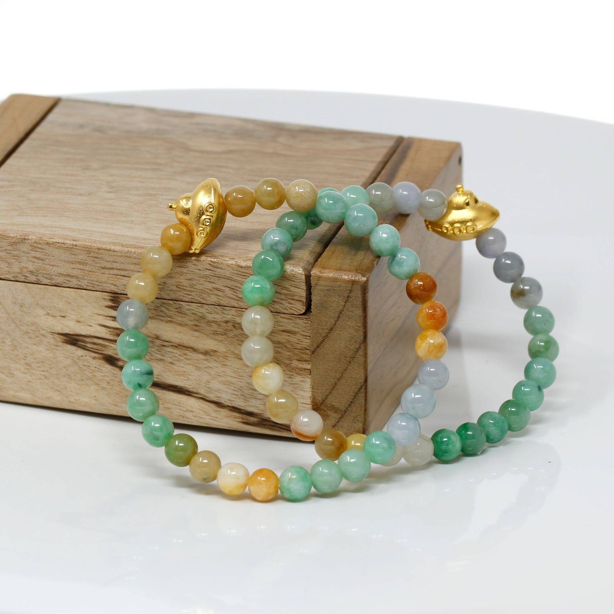 Baikalla Jewelry 24k Gold Jadeite Beads Bracelet Genuine High-quality Jade Jadeite Bracelet Bangle with 24k Yellow Gold UFO Charm Colorful  