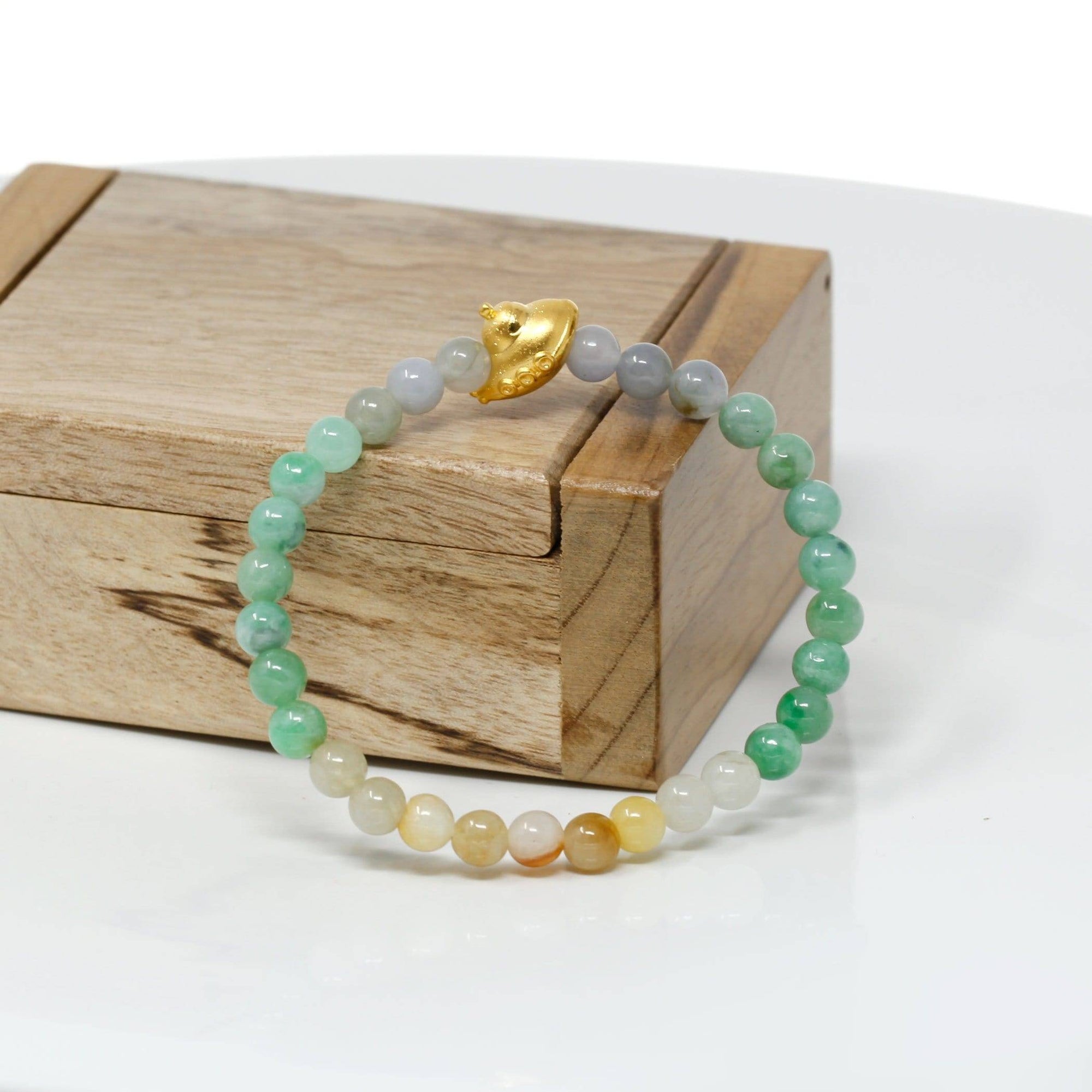 Baikalla Jewelry 24k Gold Jadeite Beads Bracelet Genuine High-quality Jade Jadeite Bracelet Bangle with 24k Yellow Gold UFO Charm Colorful  