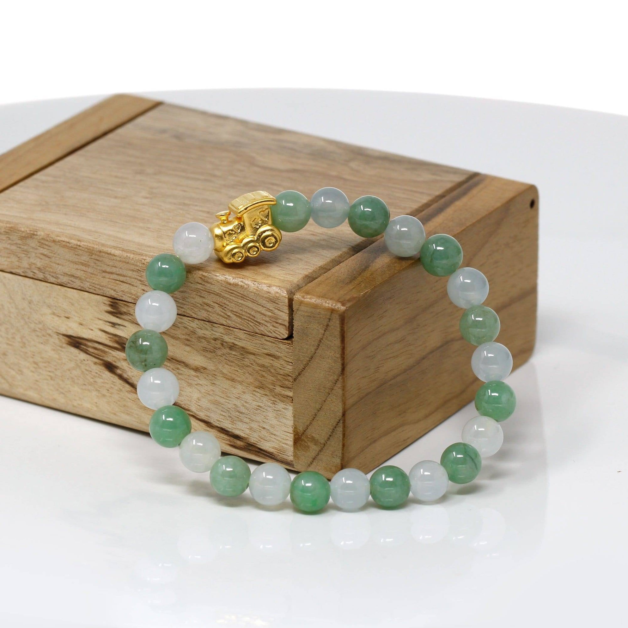 Baikalla Jewelry 24k Gold Jadeite Beads Bracelet Genuine High-quality Jade Jadeite Bracelet Bangle with 24k Yellow Gold Train Engine Charm #424