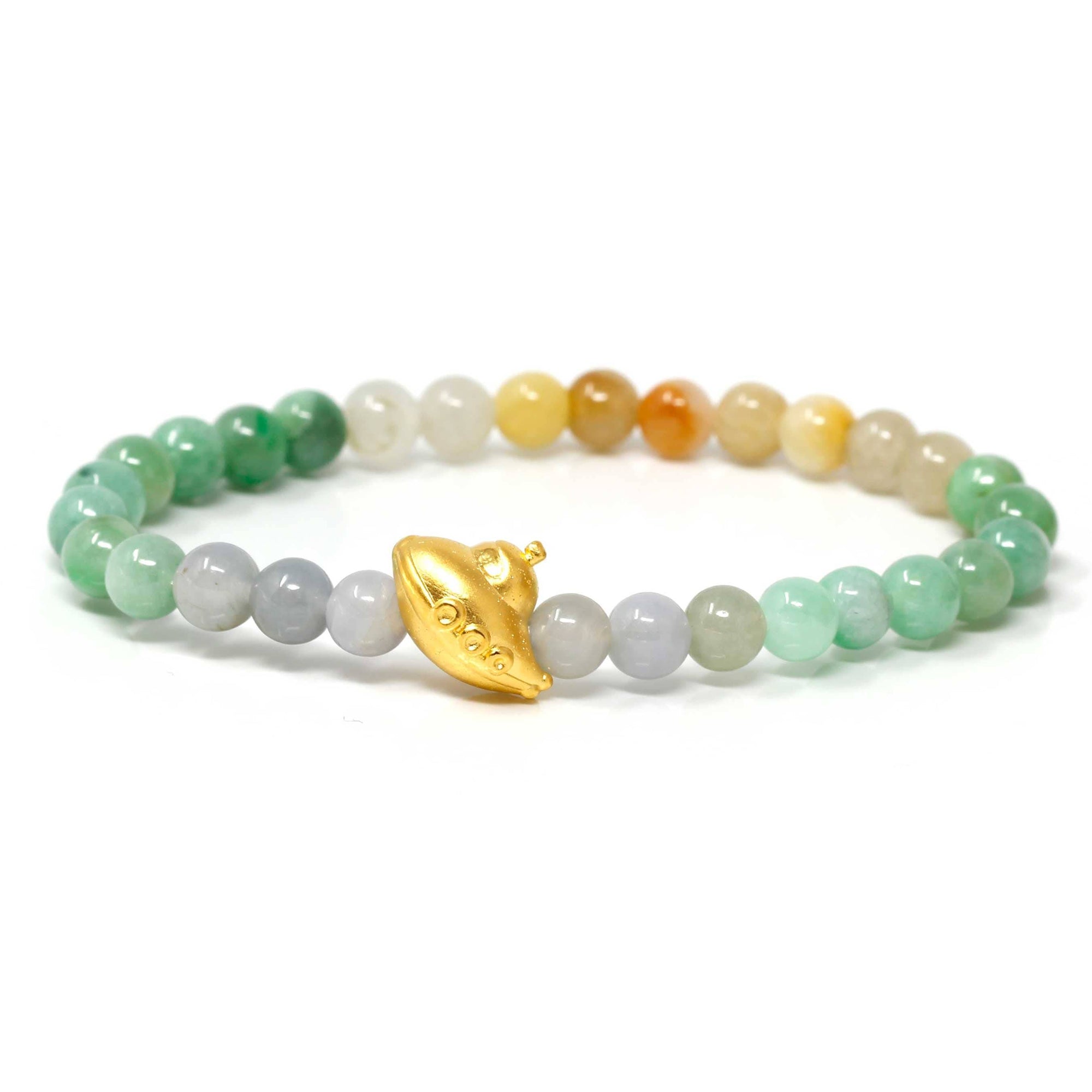 Baikalla Jewelry 24k Gold Jadeite Beads Bracelet XS 6 Inches Genuine High-quality Jade Jadeite Bracelet Bangle with 24k Yellow Gold UFO Charm Colorful  