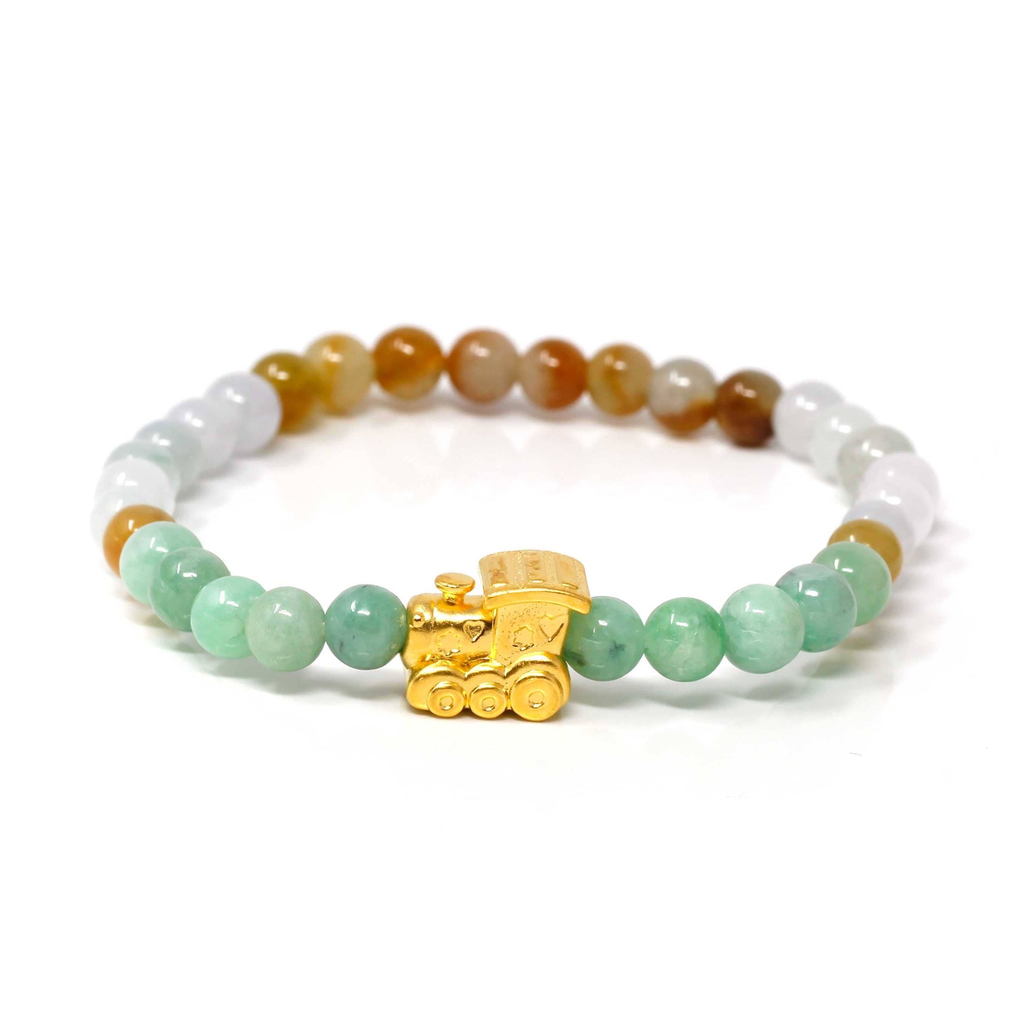 Baikalla Jewelry 24k Gold Jadeite Beads Bracelet Genuine High-quality Jade Jadeite Bracelet Bangle with 24k Yellow Gold Train Engine Charm Colorful  