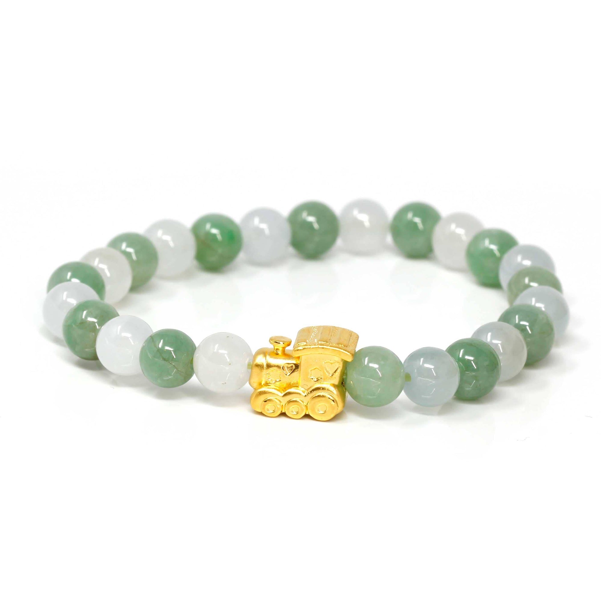 Baikalla Jewelry 24k Gold Jadeite Beads Bracelet XS 6 Inches Genuine High-quality Jade Jadeite Bracelet Bangle with 24k Yellow Gold Train Engine Charm 