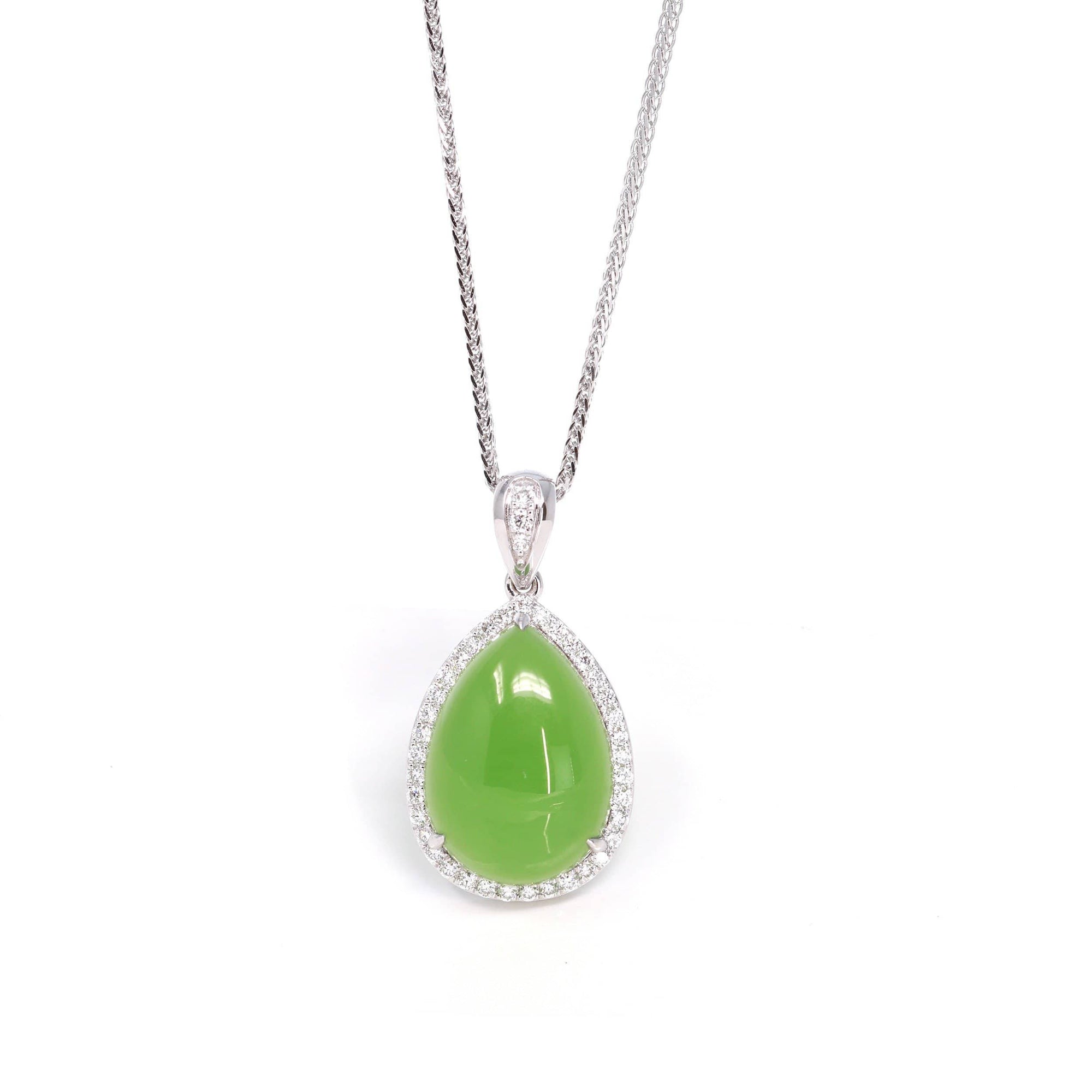 Baikalla Jewelry Gold Jade Pendant 14K White Gold Genuine Green Apple Green Jade Tear Drop Pendant Necklace With VS1 Diamond